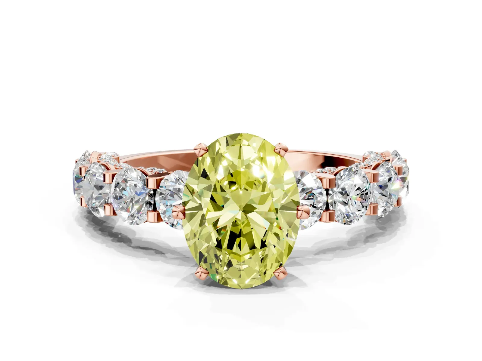 Fancy Yellow Oval Cut Diamond Side Stone Engagement Ring with Four-Prong Setting Rose gold