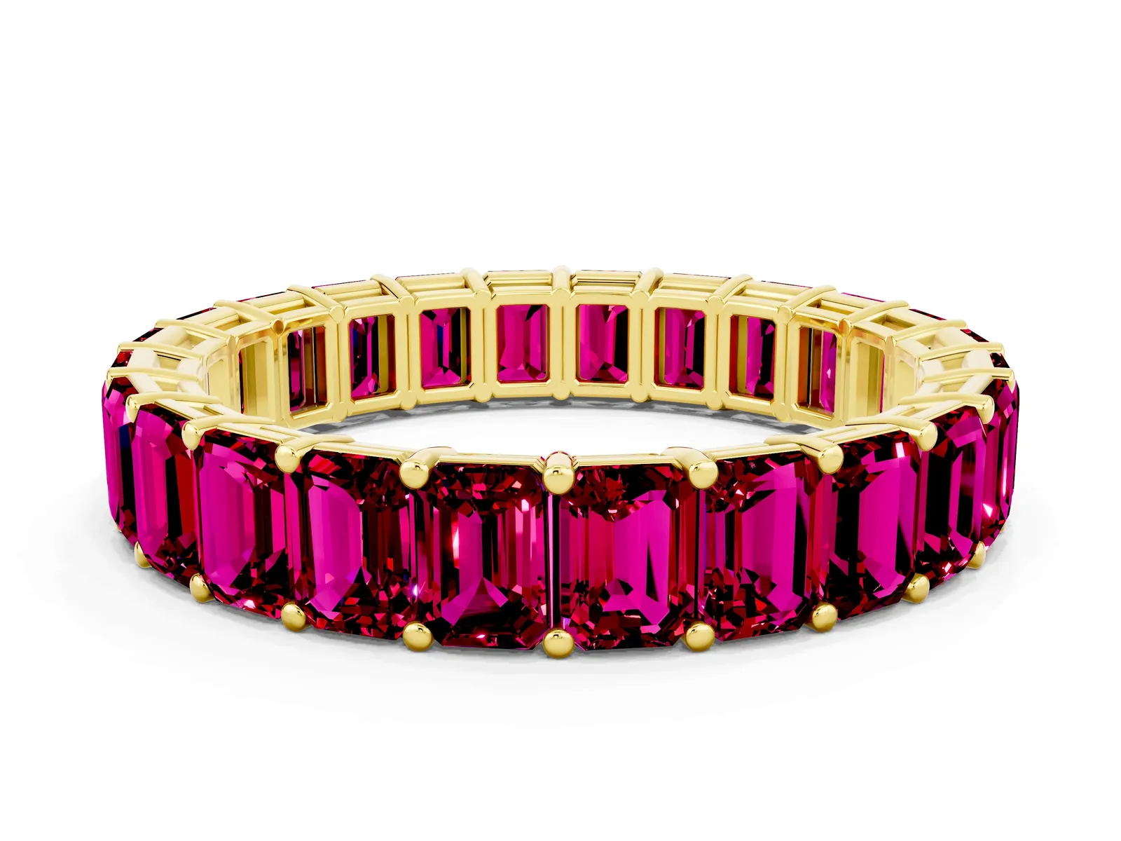 Emerald Cut Garnet Eternity Band with Shared Prong Setting Yellow gold