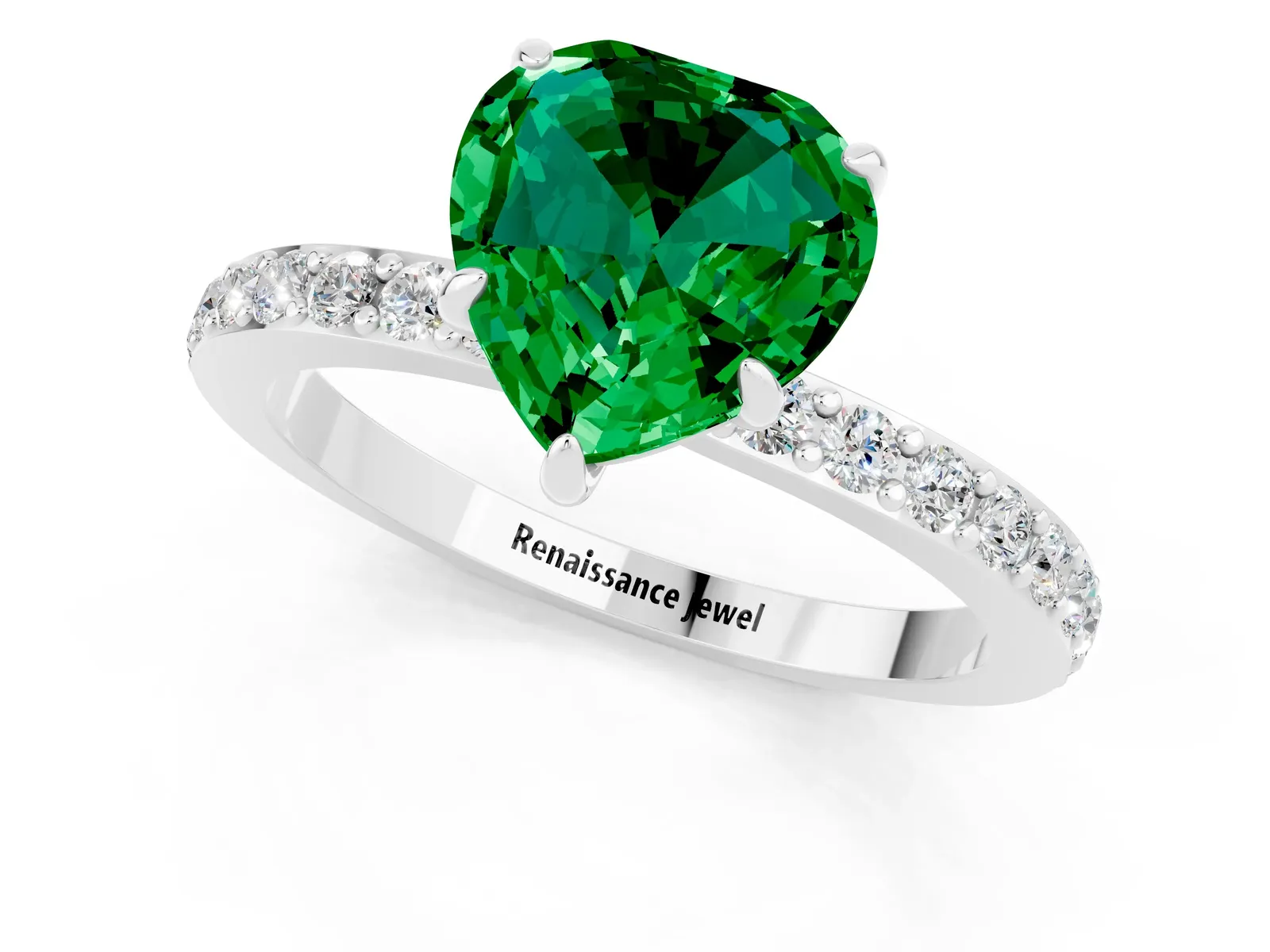 Heart Cut Emerald Solitaire Engagement Ring with Pavé Band and Four-Prong Setting Platinum