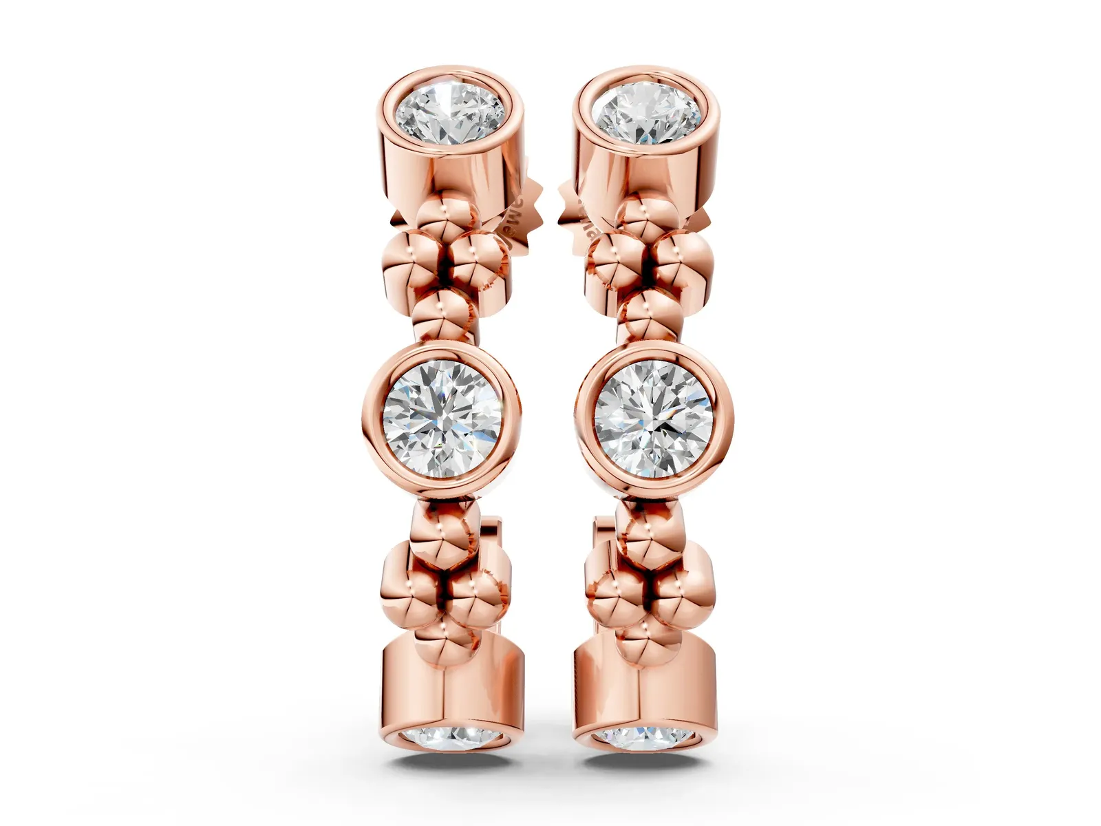 Bezel Set Round Diamond Beaded Hoop Earrings Rose gold