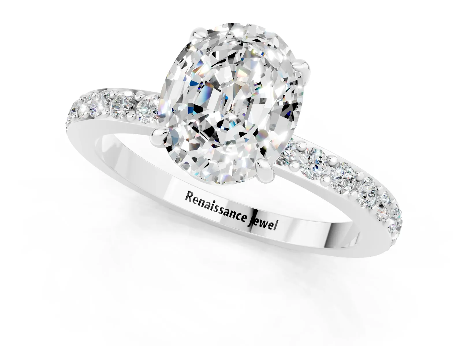 Oval Cut Moissanite Solitaire Engagement Ring with Pavé Band and Four-Prong Setting Platinum