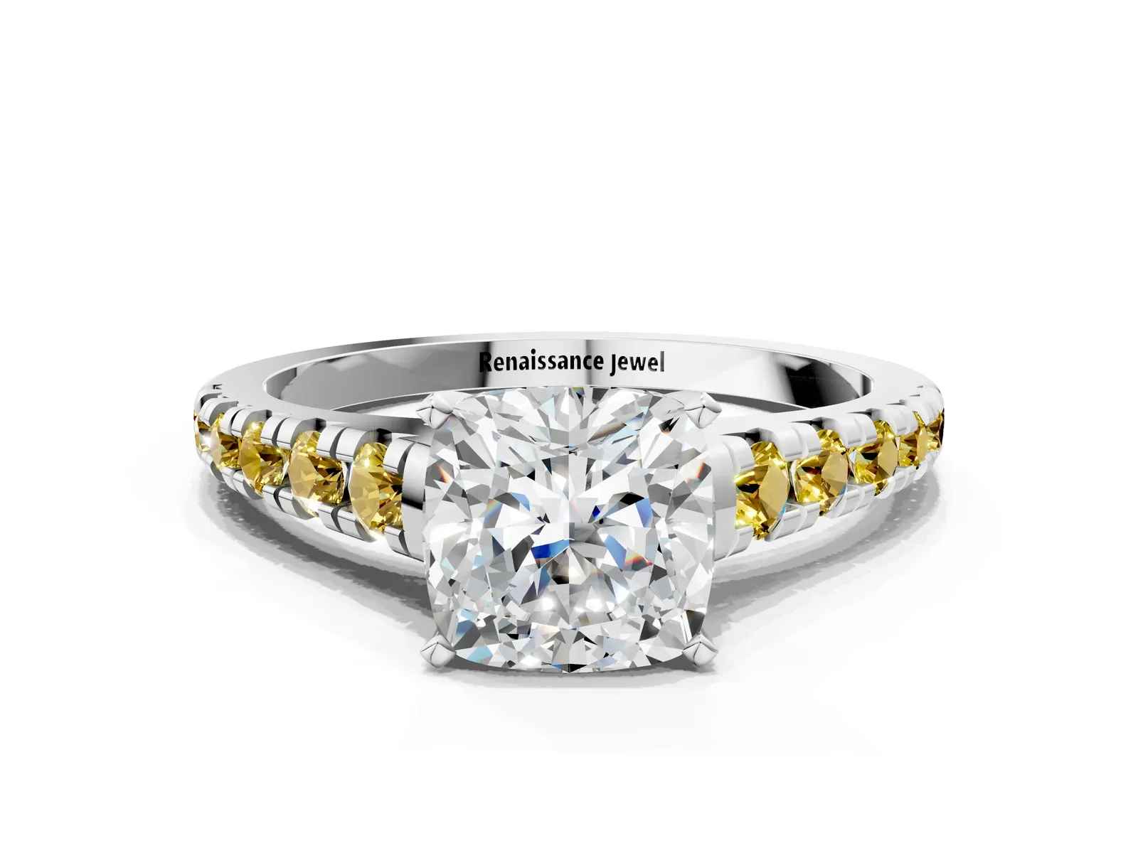 Cushion Cut Diamond Cathedral Solitaire Ring with Round Yellow Sapphire Pavé Band Platinum