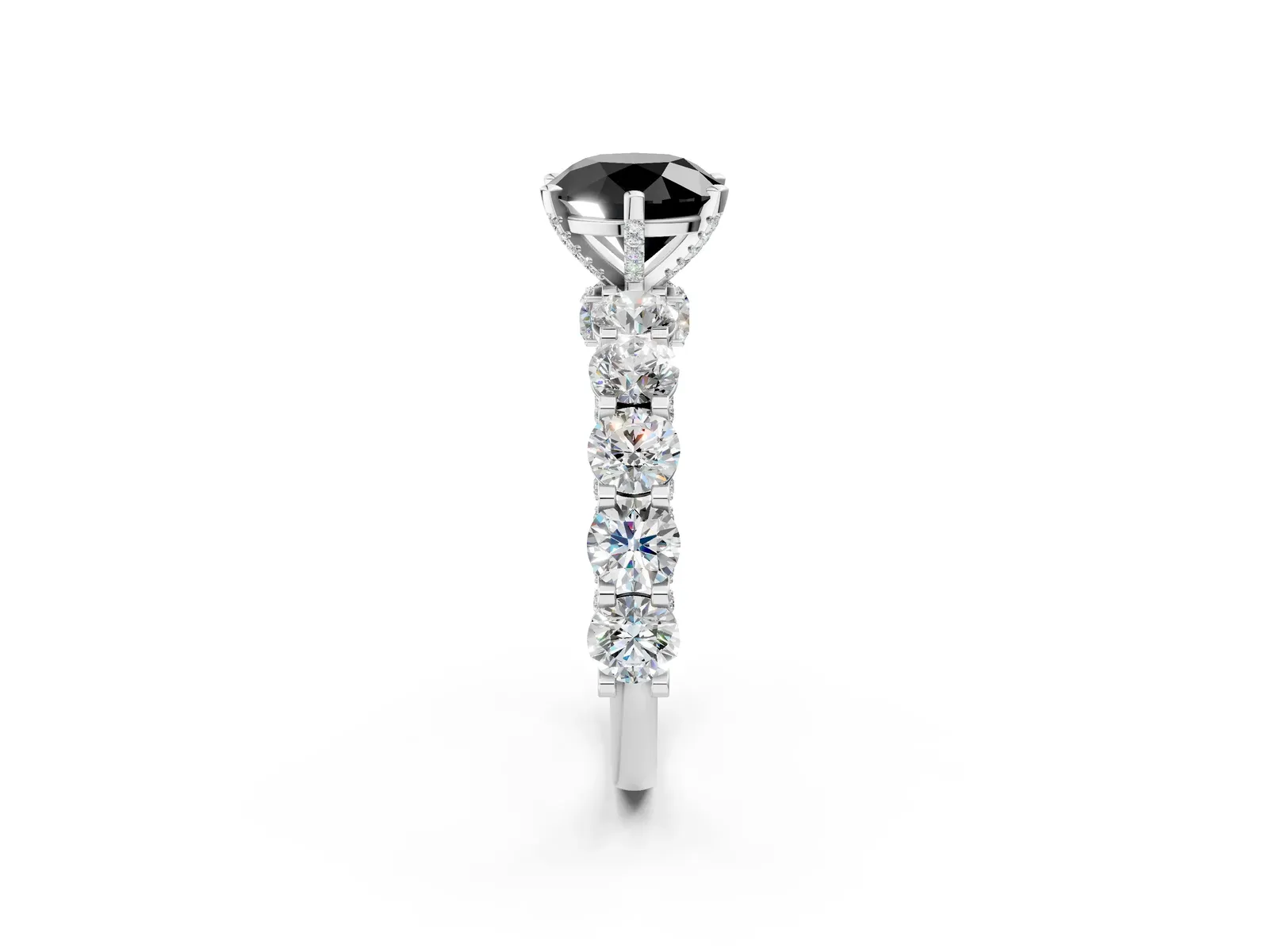 Fancy Black Round Cut Diamond Side Stone Engagement Ring with Four-Prong Setting Platinum