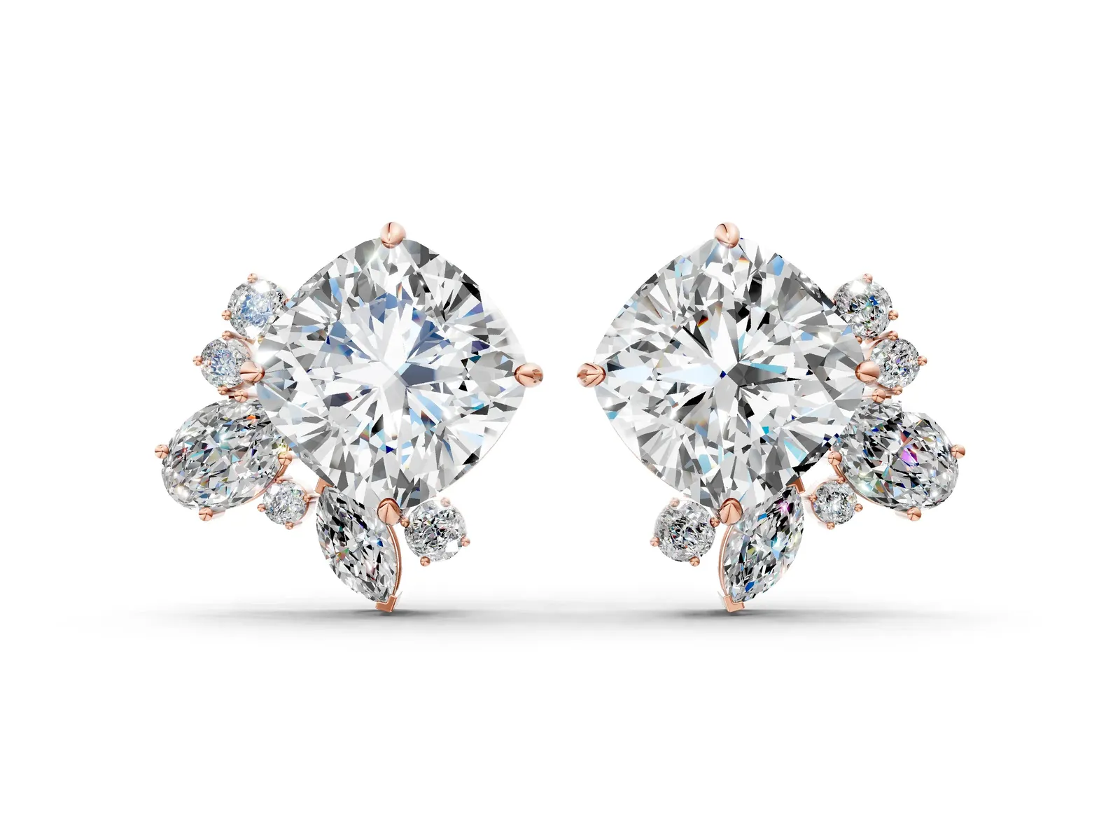 Cushion Cut Diamond Floral Stud Earrings with Multi-Shape Accents Rose gold