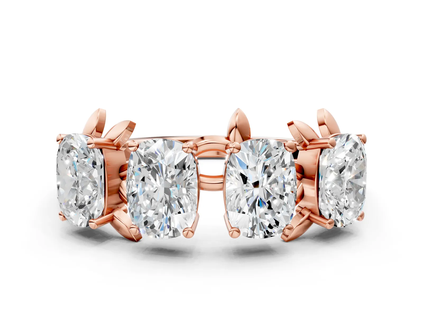 Four-Stone Elongated Cushion Diamond Band with Nature-Inspired Prong Setting Rose gold
