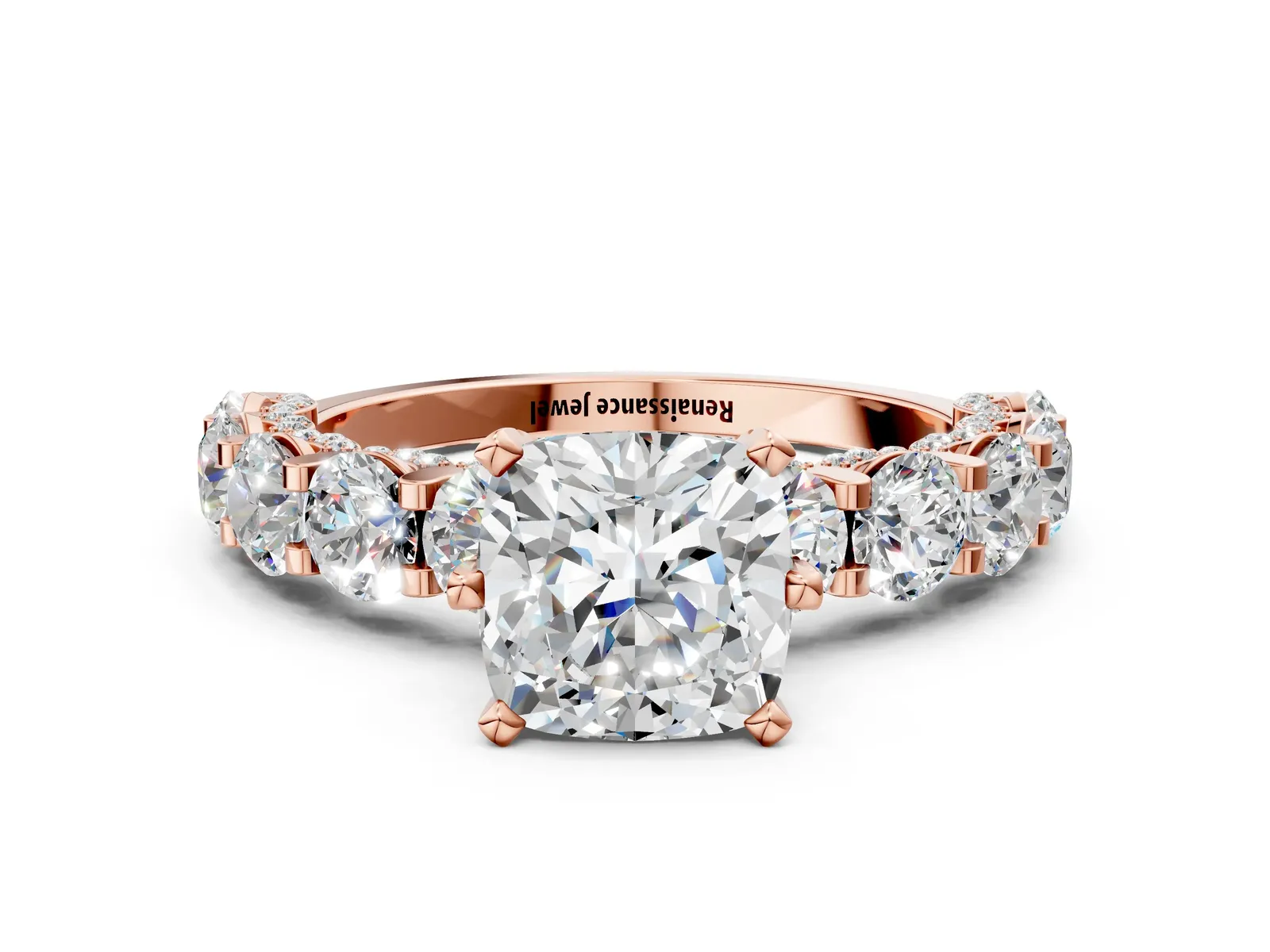 Cushion Cut Diamond Side Stone Engagement Ring with Four-Prong Setting Rose gold
