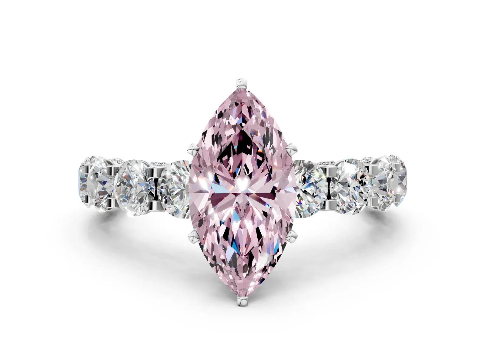 Fancy Pink Marquise Cut Diamond Side Stone Engagement Ring with Four-Prong Setting Silver