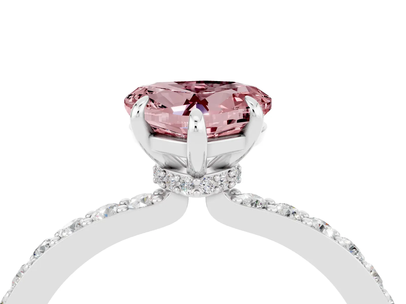 Heart Cut Morganite Solitaire Engagement Ring with Pavé Band and Four-Prong Setting Platinum