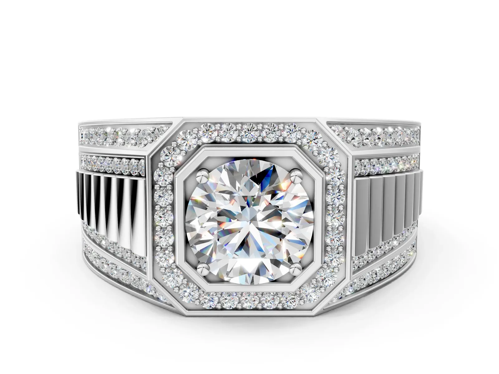 Round Diamond Octagonal Halo Mens Ring with Pavé Accents White gold
