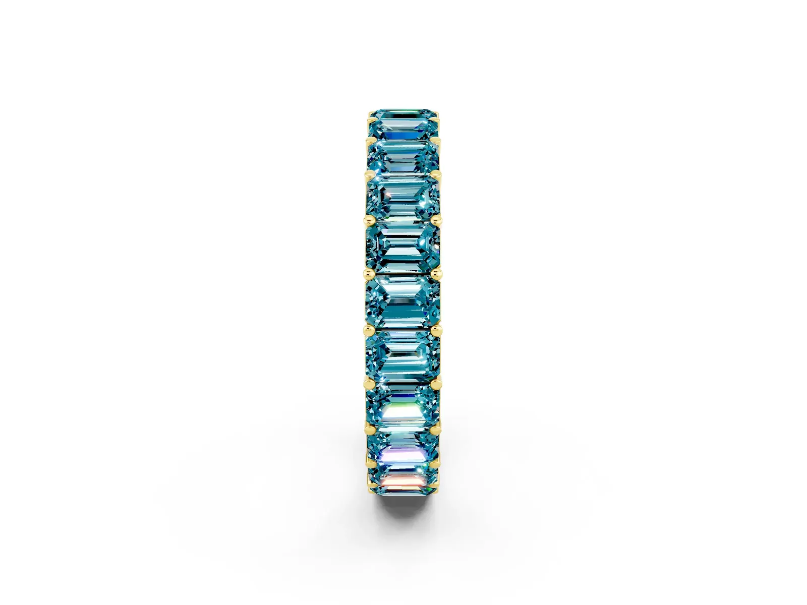 Emerald Cut Blue Topaz Eternity Band with Shared Prong Setting Yellow gold