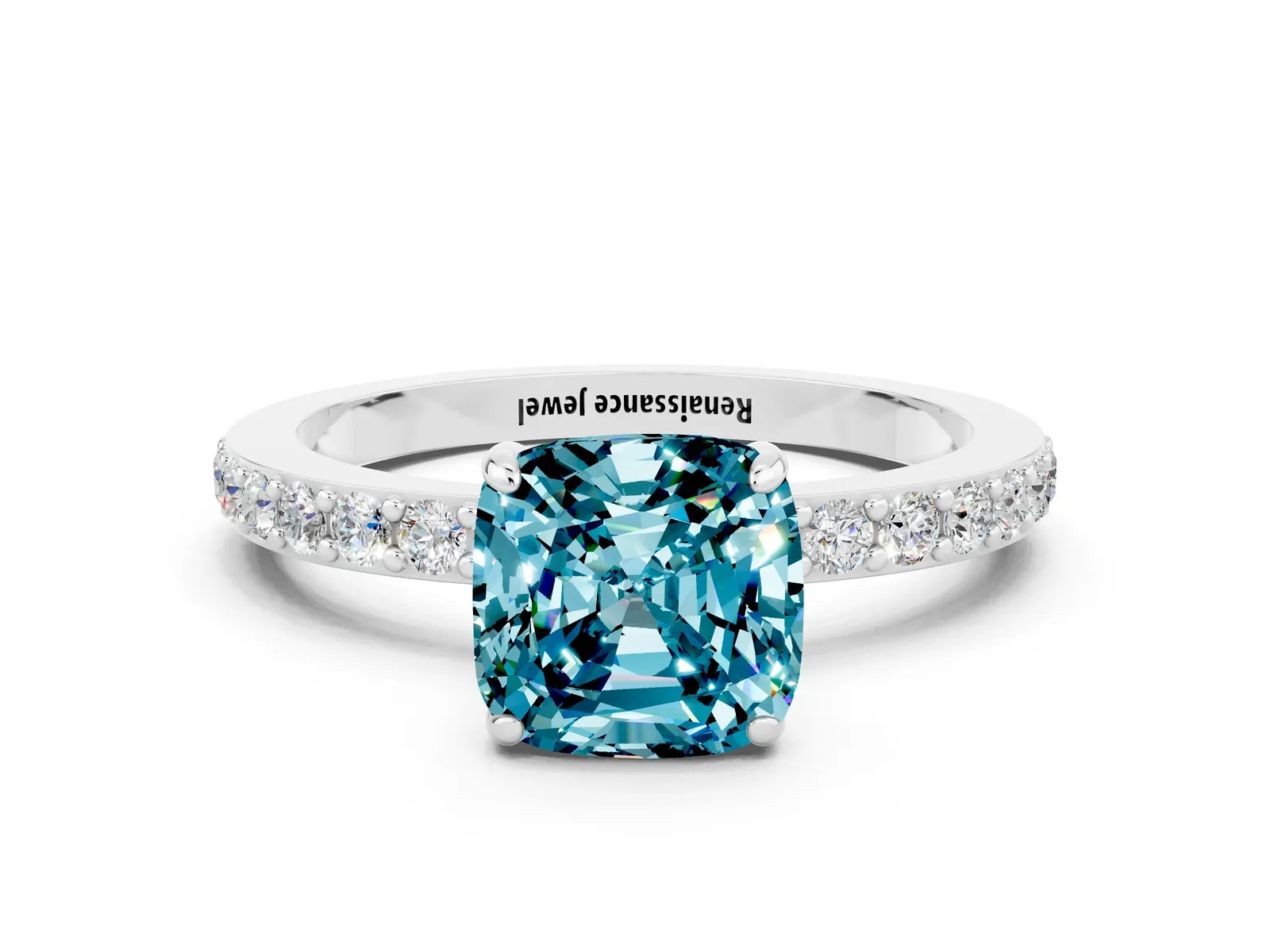Cushion Cut Blue Topaz Solitaire Engagement Ring with Pavé Band and Four-Prong Setting Platinum