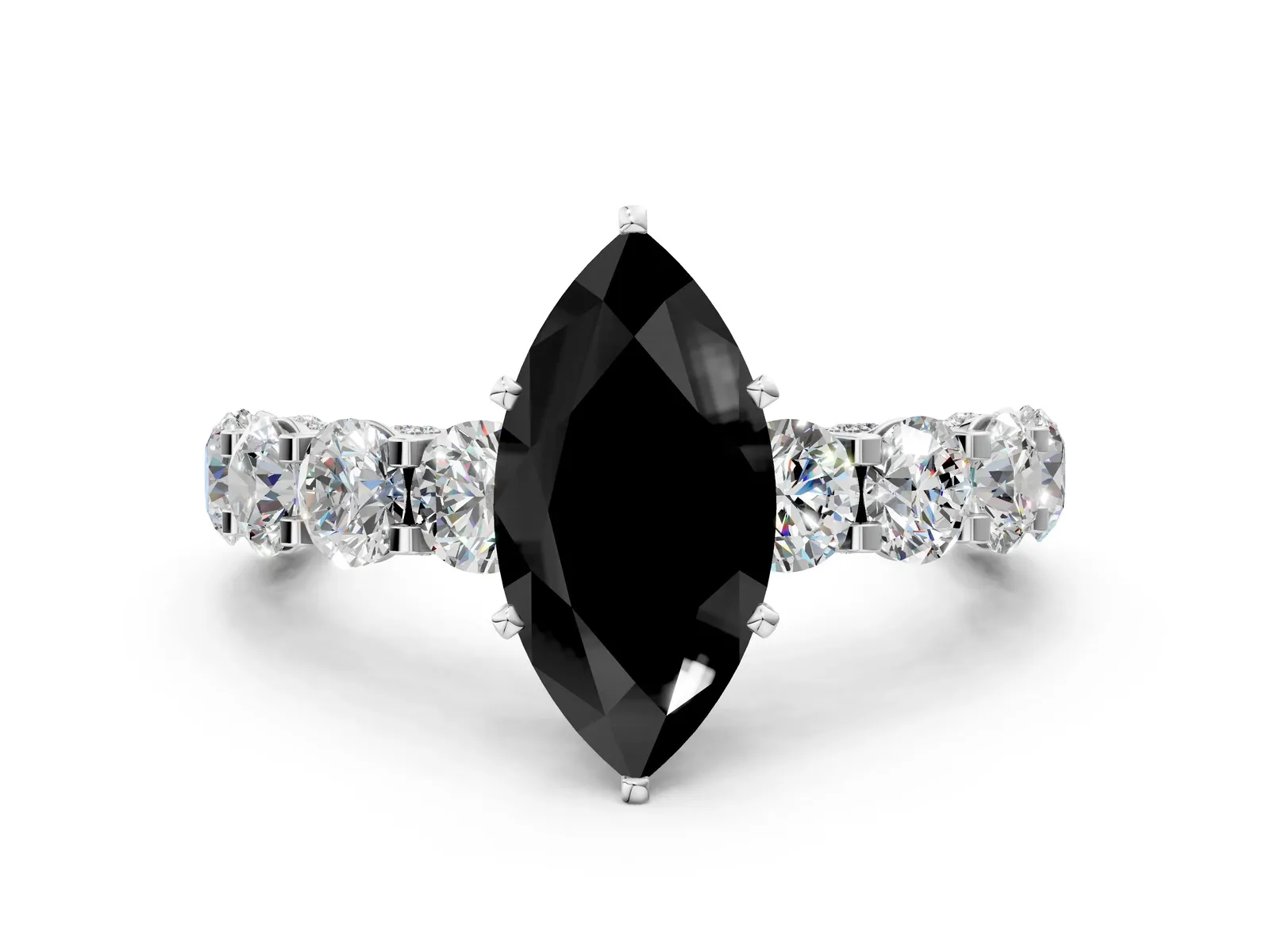 Fancy Black Marquise Cut Diamond Side Stone Engagement Ring with Four-Prong Setting White gold