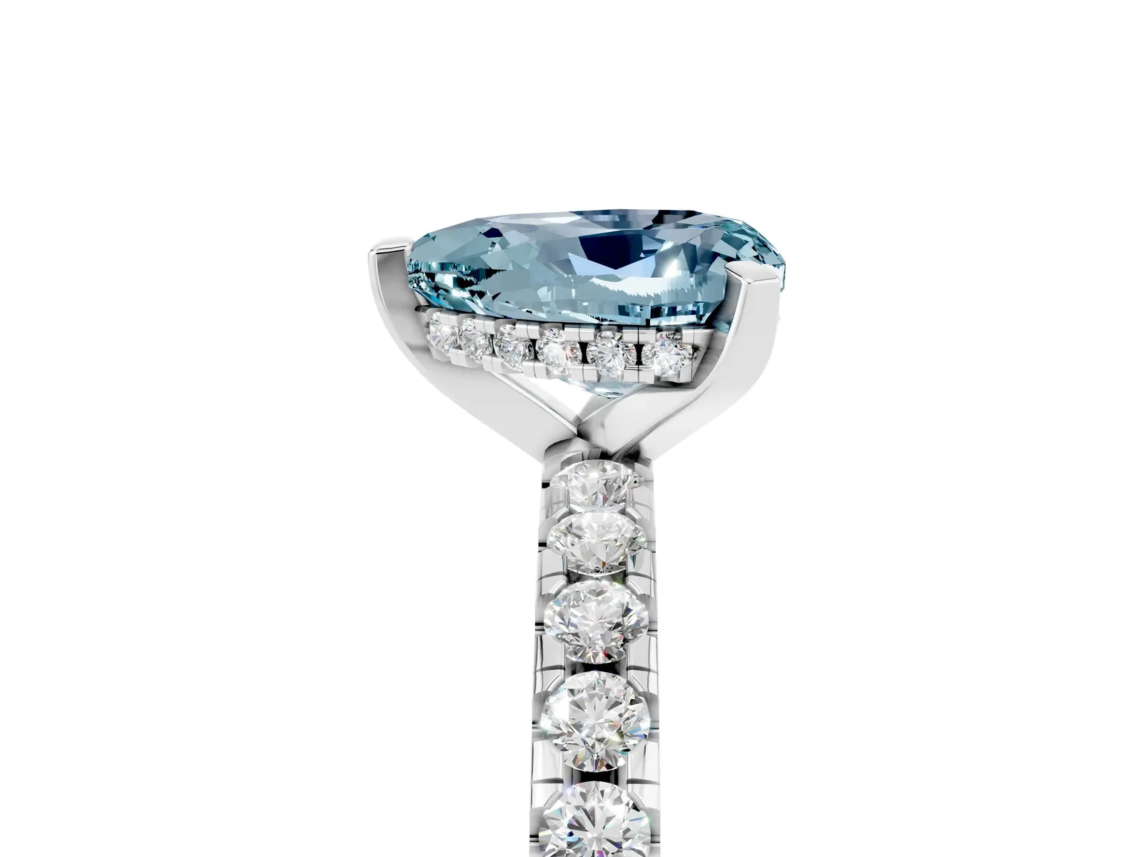 Heart Cut Aquamarine Solitaire Ring with Round Pavé Band and Four-Prong Setting Platinum