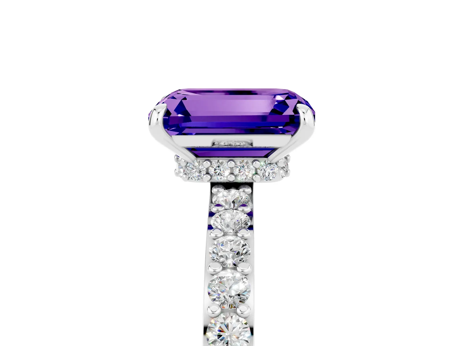 Emerald Cut Tanzanite Solitaire Engagement Ring with Pavé Band and Four-Prong Setting Platinum