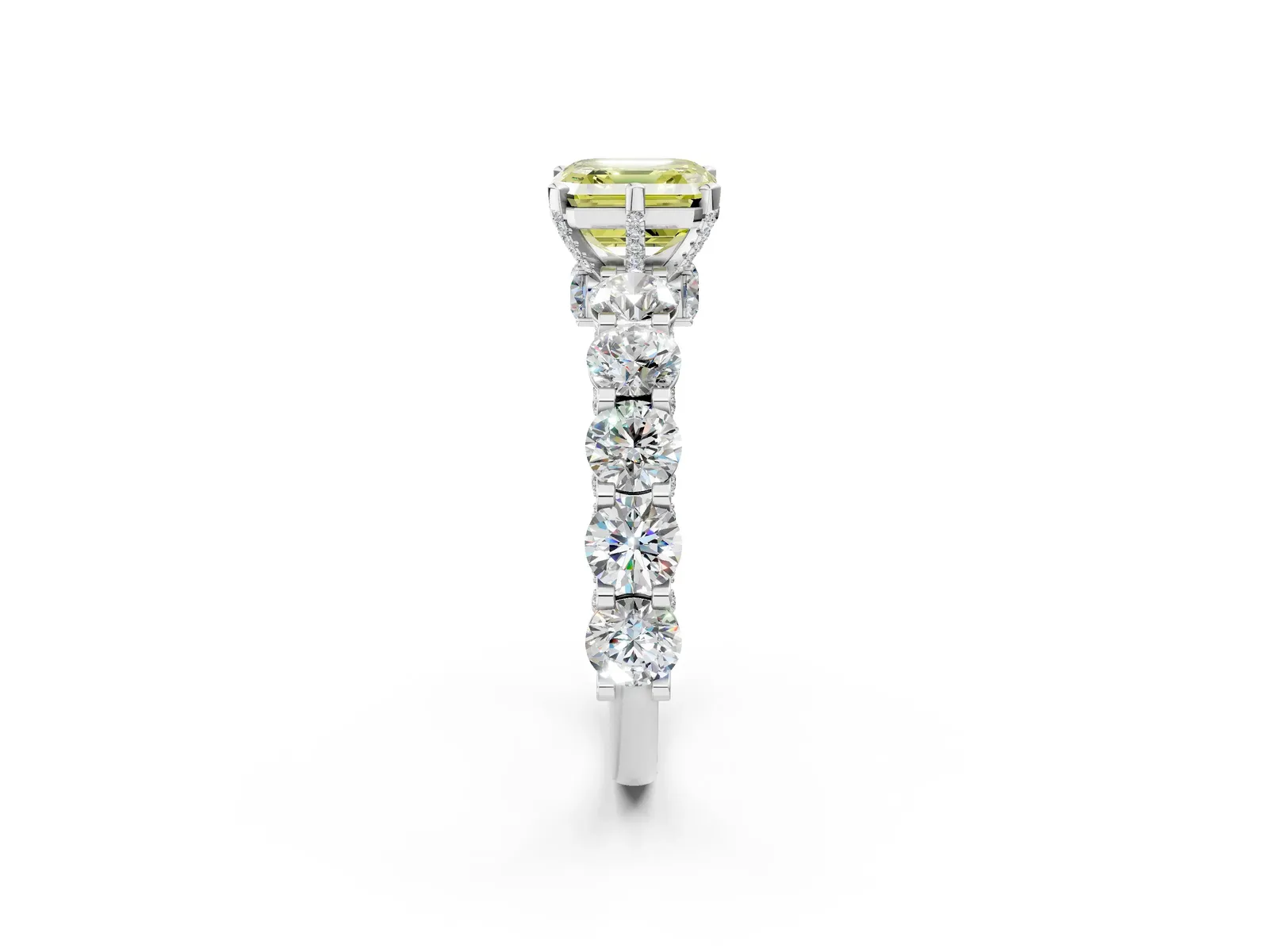 Fancy Yellow Asscher Cut Diamond Side Stone Engagement Ring with Four-Prong Setting Platinum