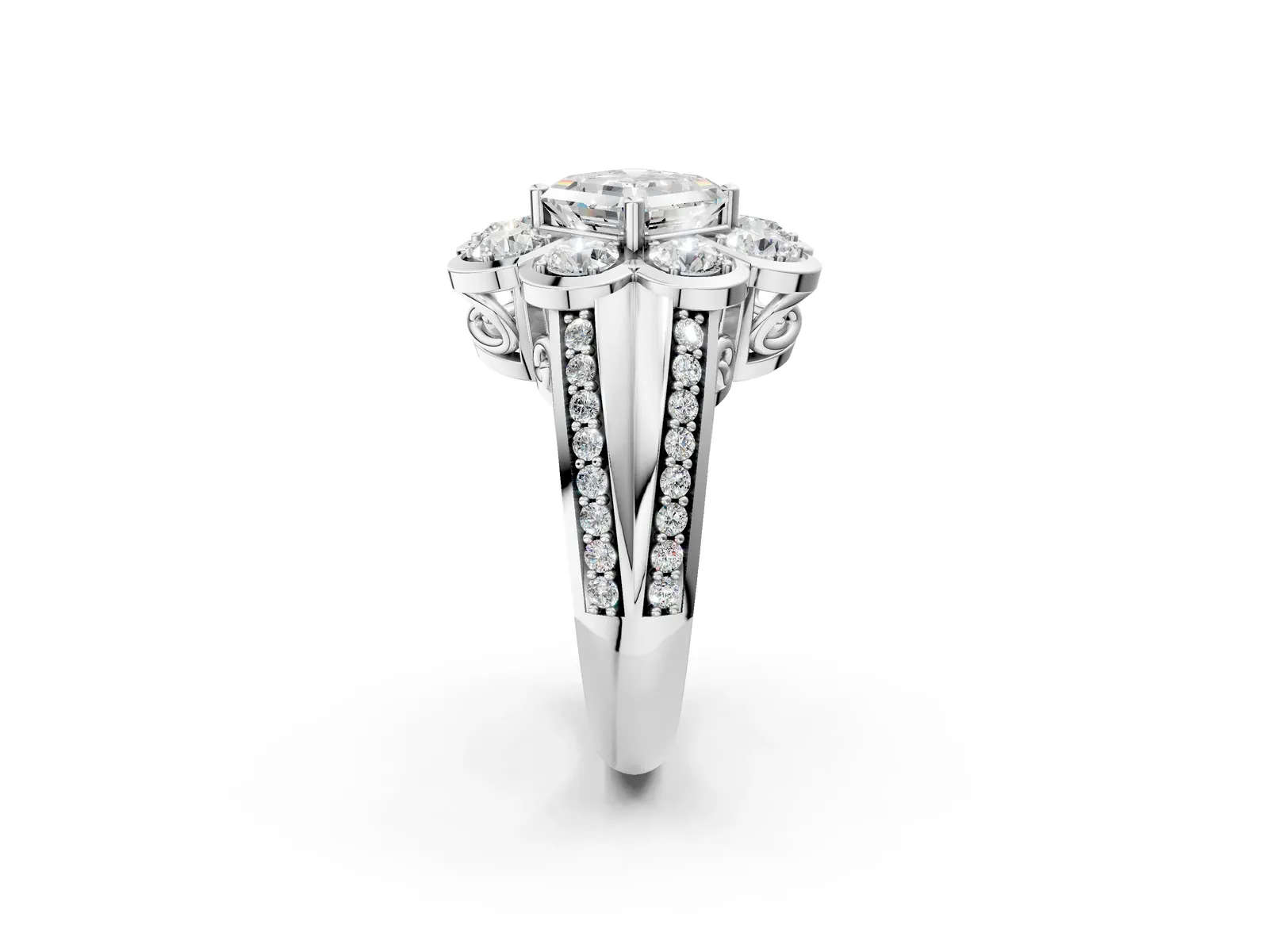 Asscher Cut Brilliant Flower Halo Diamond Split Shank Ring Platinum