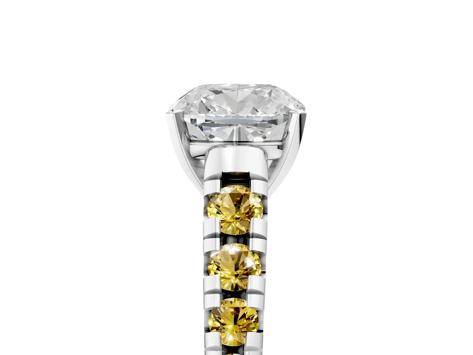 Cushion Cut Diamond Cathedral Solitaire Ring with Round Yellow Sapphire Pavé Band Platinum