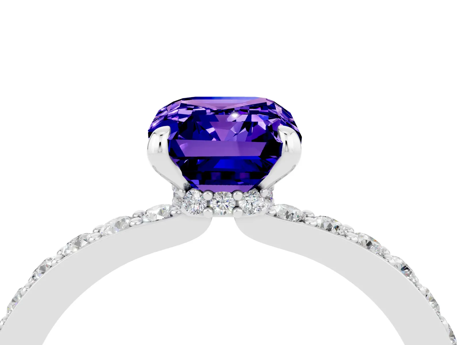 Emerald Cut Tanzanite Solitaire Engagement Ring with Pavé Band and Four-Prong Setting Platinum