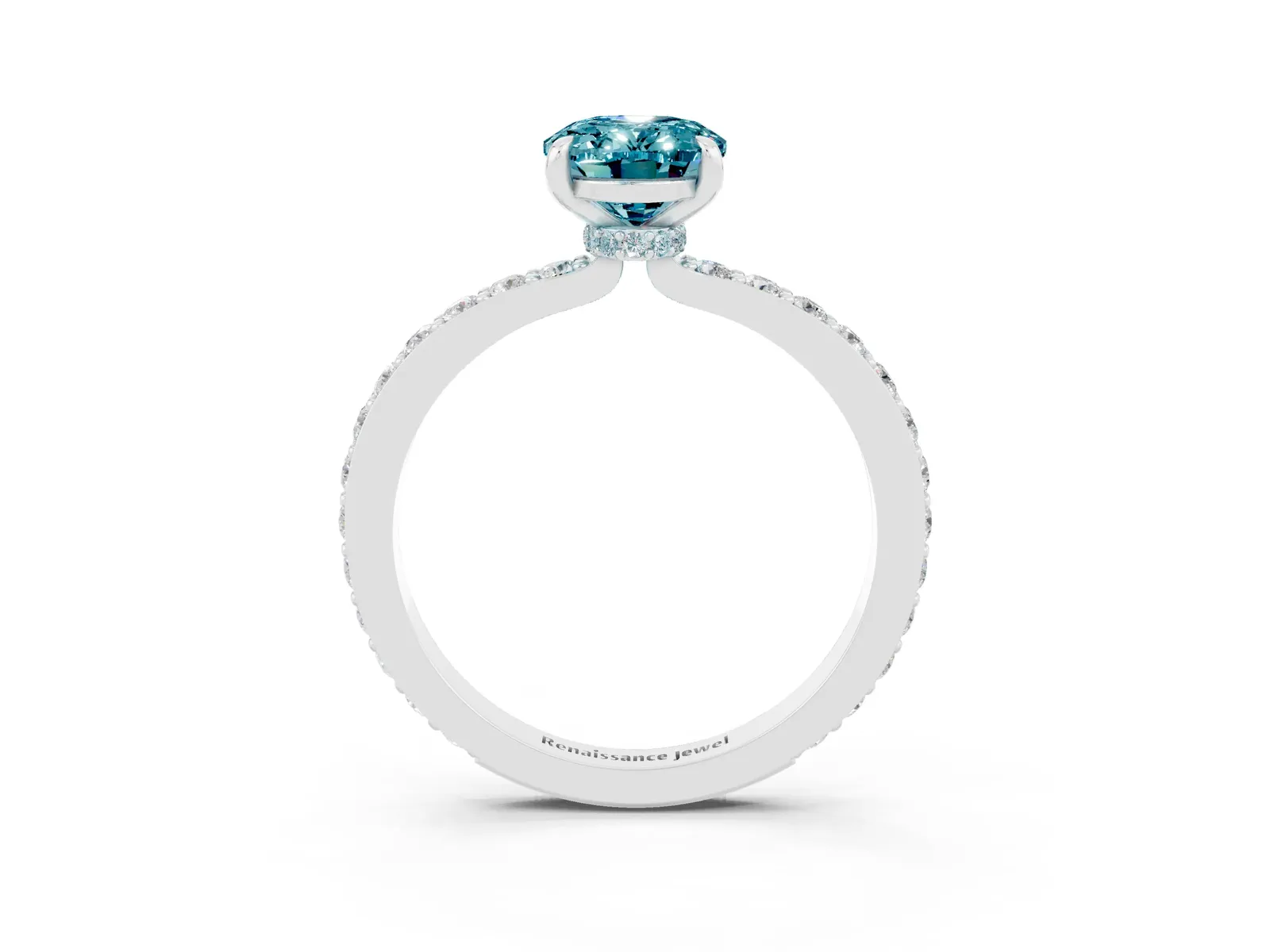 Oval Cut Blue Topaz Solitaire Engagement Ring with Pavé Band and Four-Prong Setting Platinum