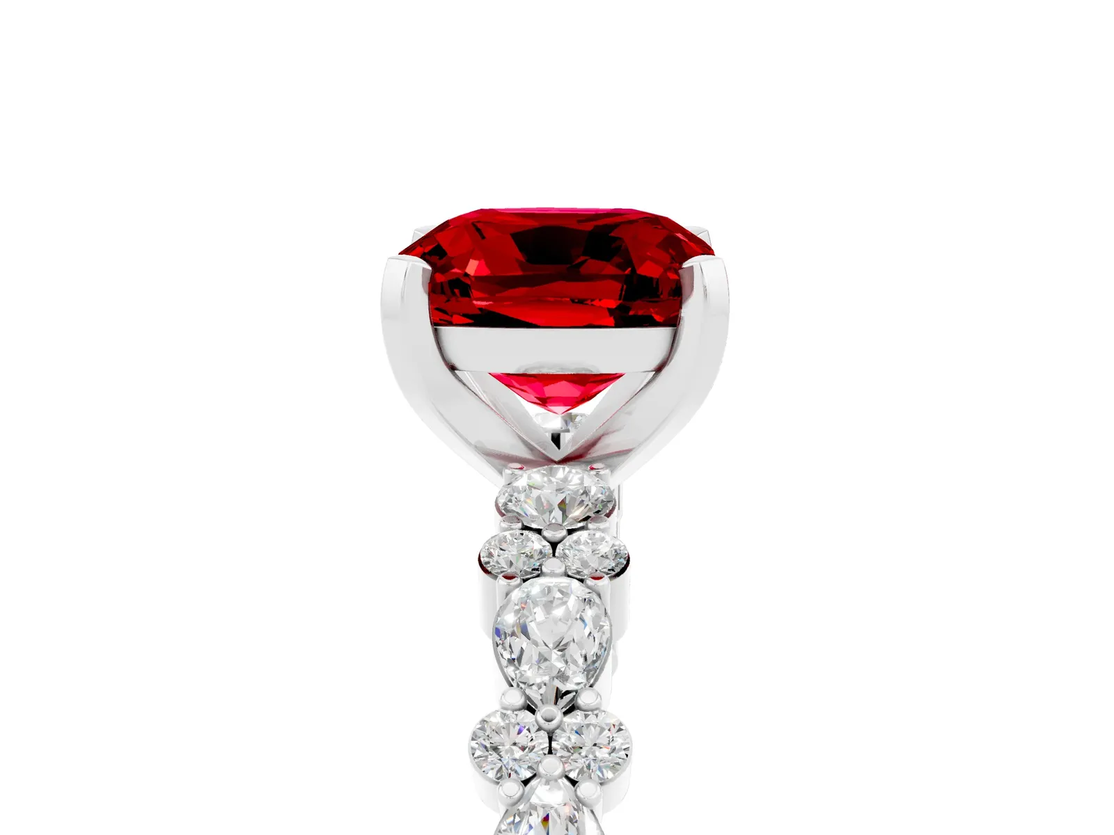 Cushion Cut Ruby Side Stone Solitaire Ring with Round and Four-Prong Setting Platinum