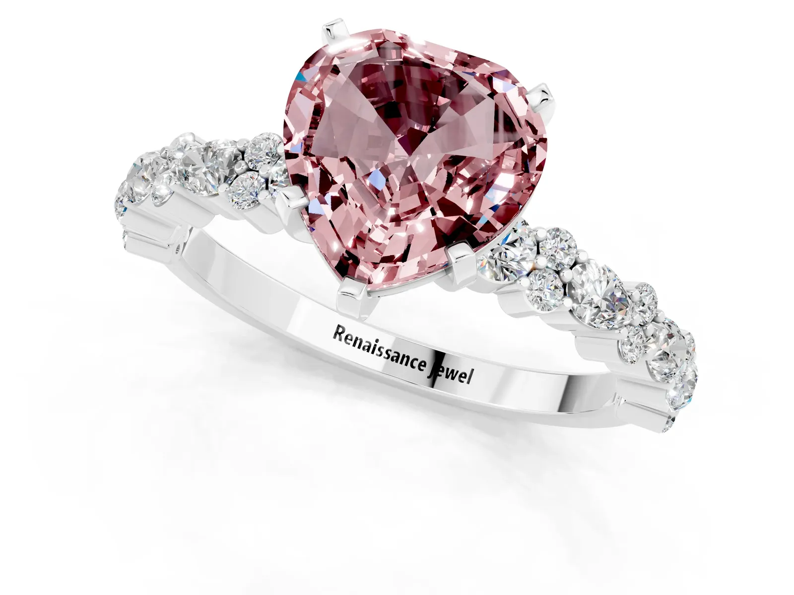 Heart Cut Morganite Side Stone Solitaire Ring with Round and Four-Prong Setting Platinum