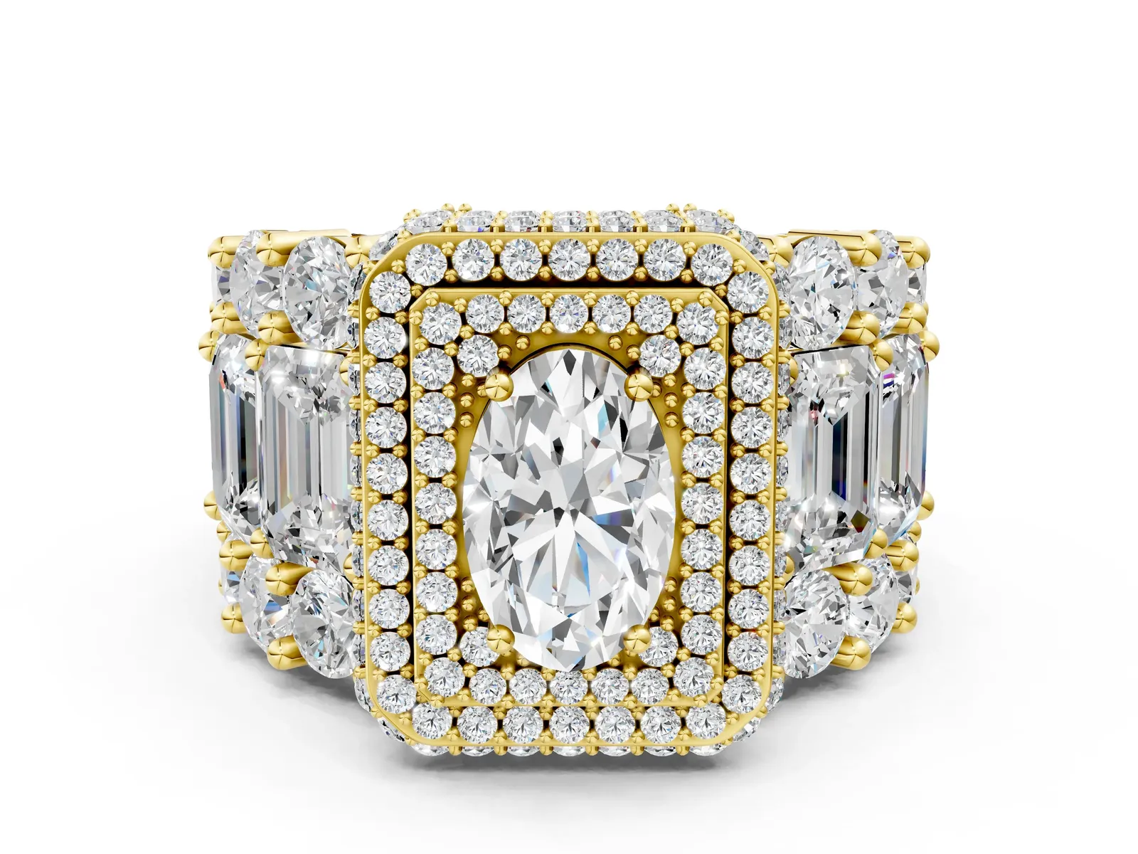 Oval Diamond Halo Mens Ring with Baguette Side Stones Yellow gold