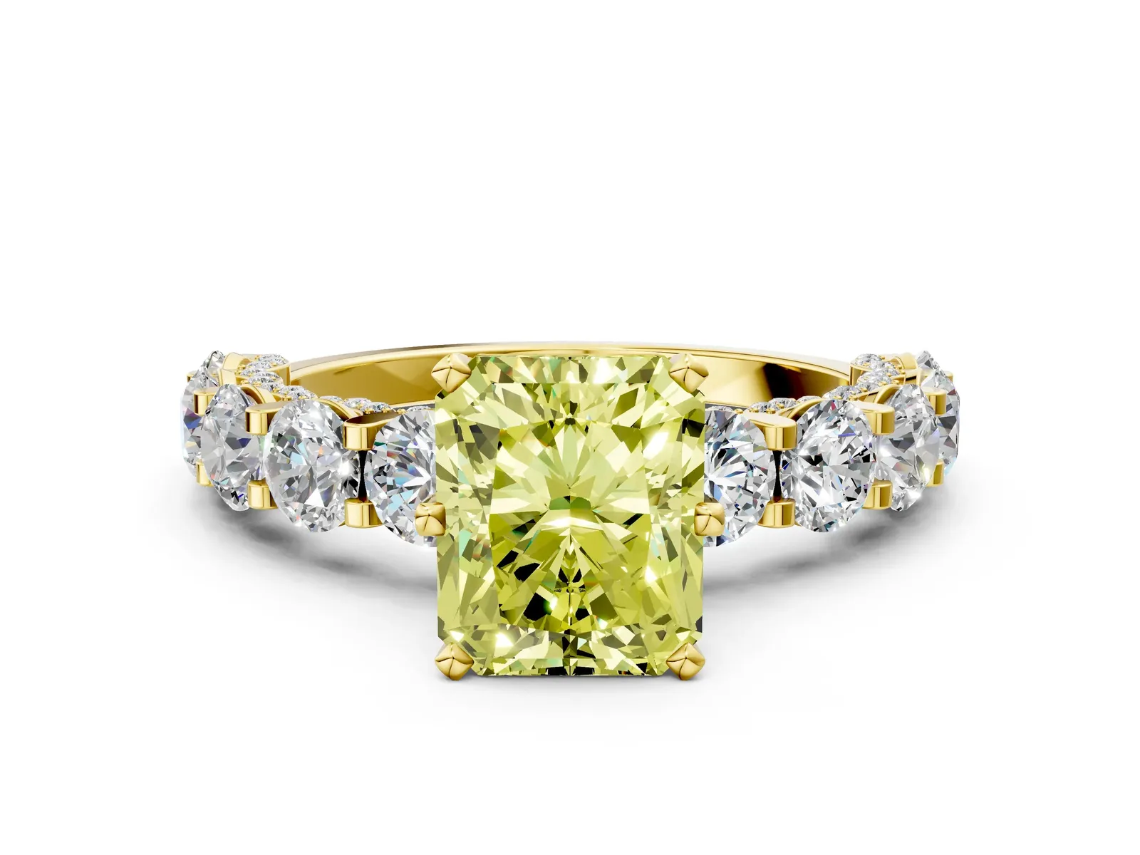 Fancy Yellow Radiant Cut Diamond Side Stone Engagement Ring with Four-Prong Setting Yellow gold