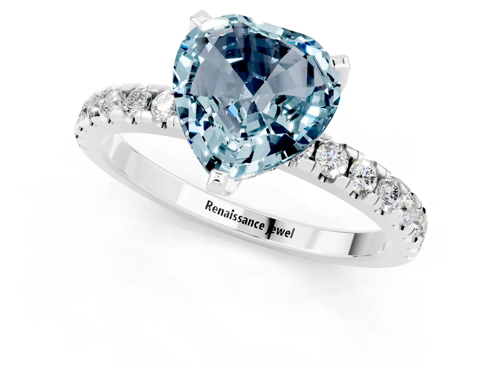 Heart Cut Aquamarine Solitaire Ring with Round Pavé Band and Four-Prong Setting Platinum