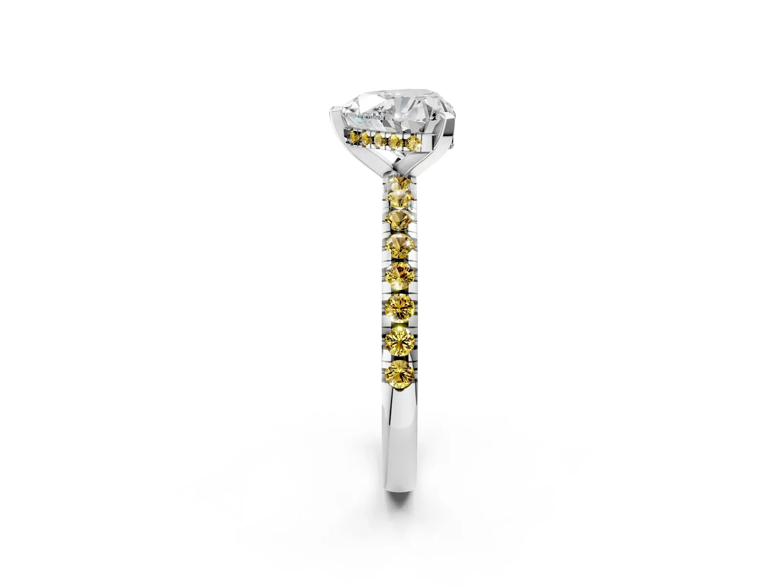 Heart Cut Diamond Solitaire Ring with Round Yellow Sapphire Pavé Band and Four-Prong Setting Platinum