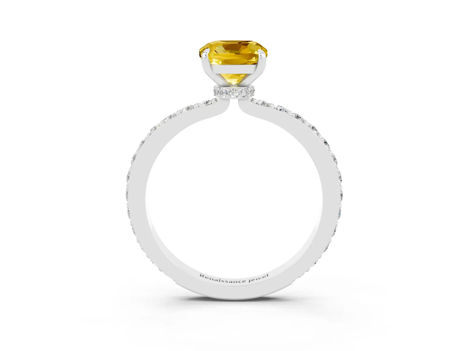 Cushion Cut Yellow Sapphire Solitaire Engagement Ring with Pavé Band and Four-Prong Setting Platinum