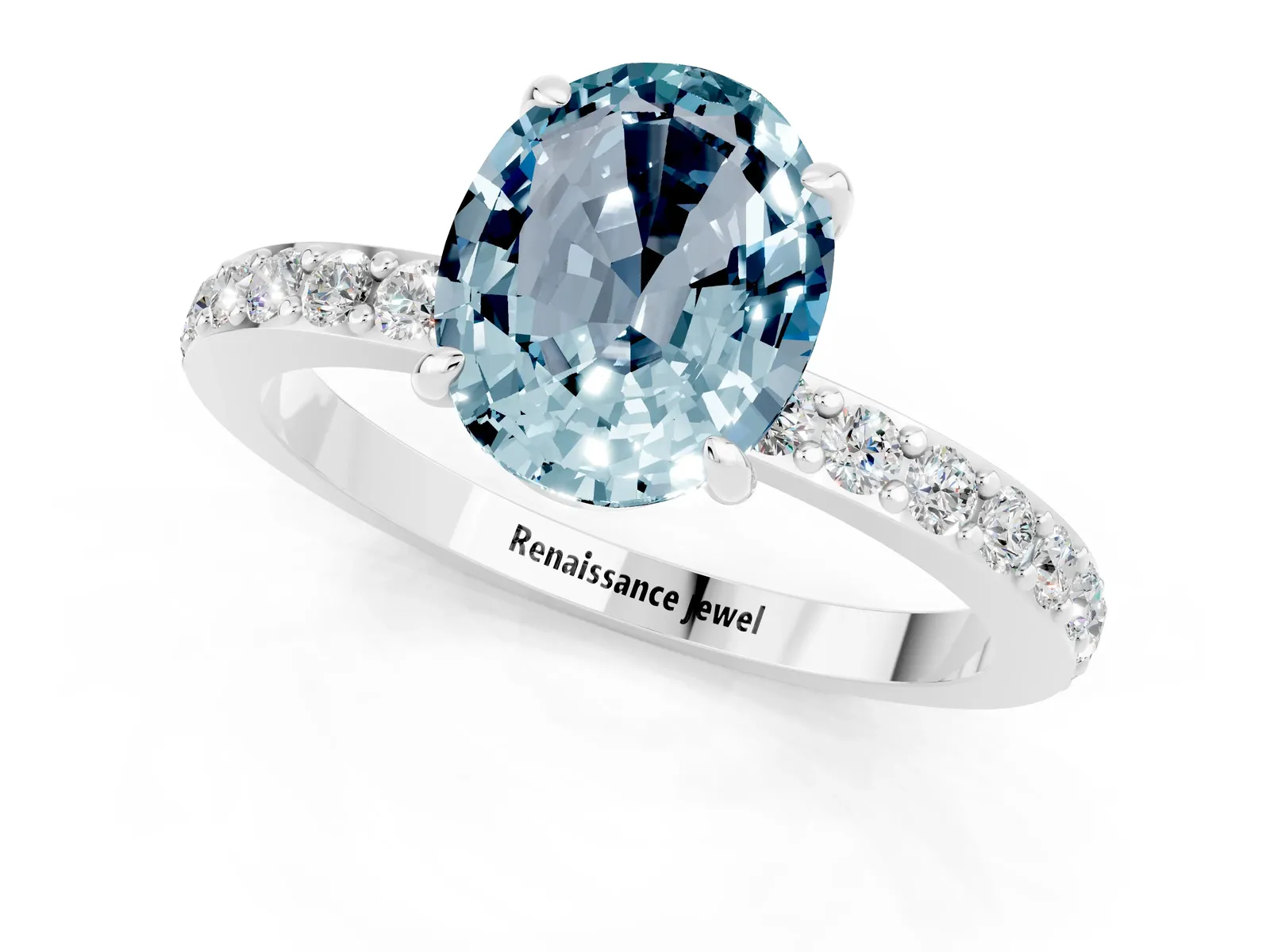 Oval Cut Aquamarine Solitaire Engagement Ring with Pavé Band and Four-Prong Setting Platinum