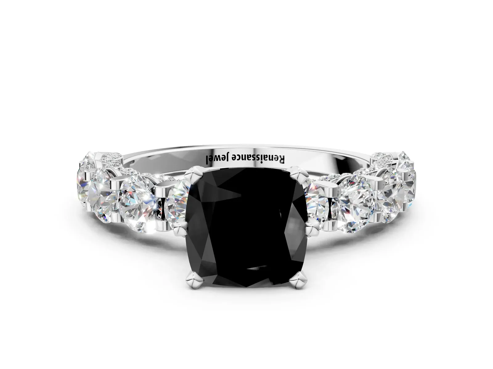 Fancy Black Cushion Cut Diamond Side Stone Engagement Ring with Four-Prong Setting White gold