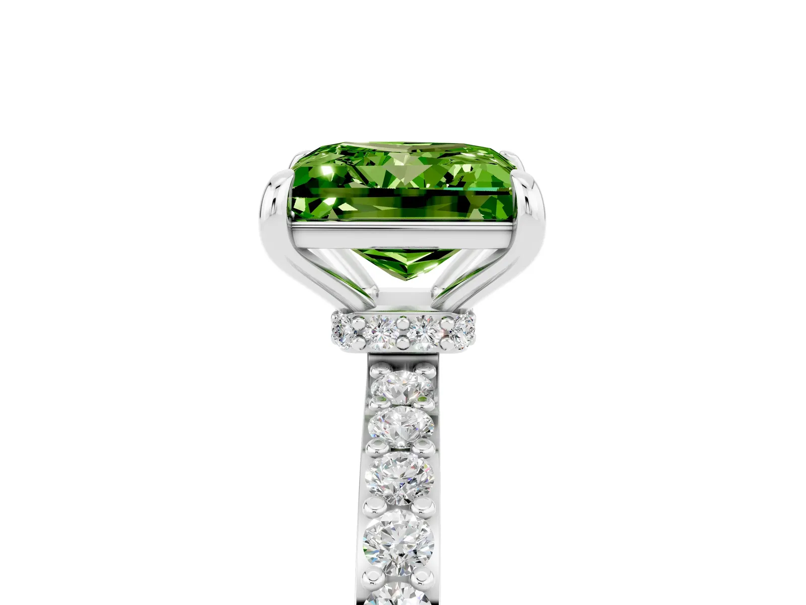 Princess Cut Peridot Solitaire Engagement Ring with Pavé Band and Four-Prong Setting Platinum