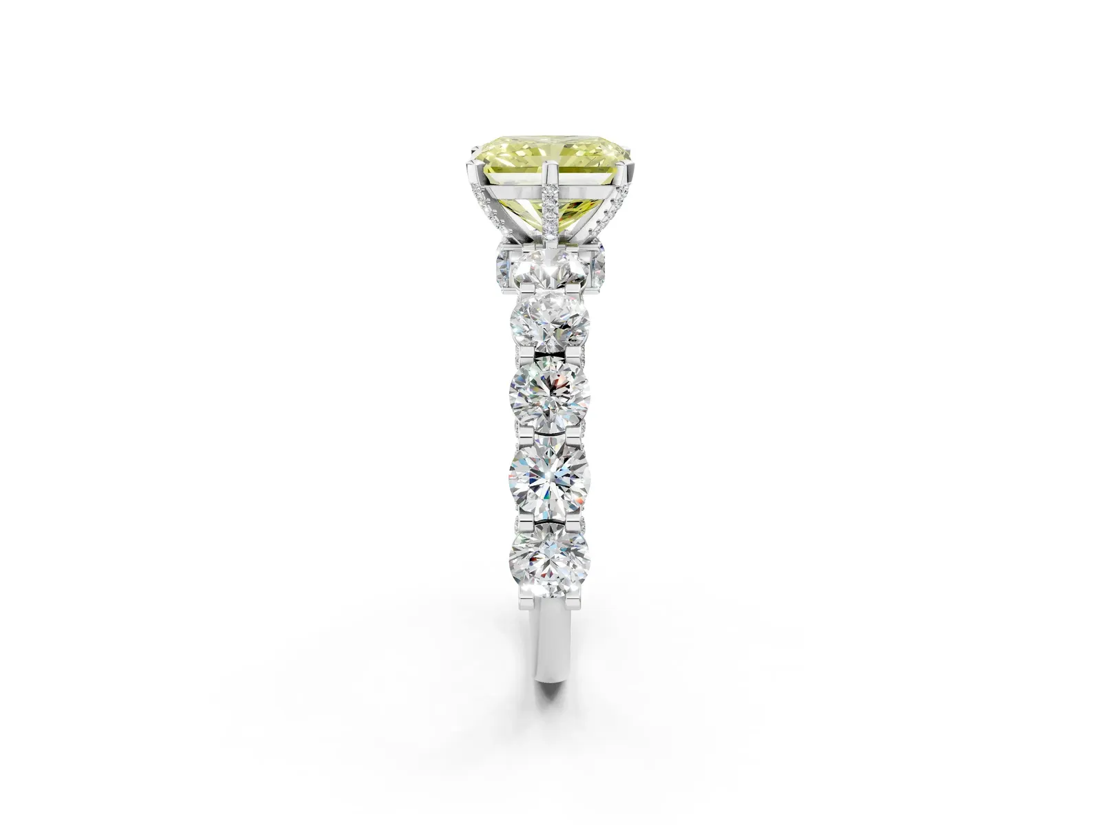 Fancy Yellow Radiant Cut Diamond Side Stone Engagement Ring with Four-Prong Setting Platinum