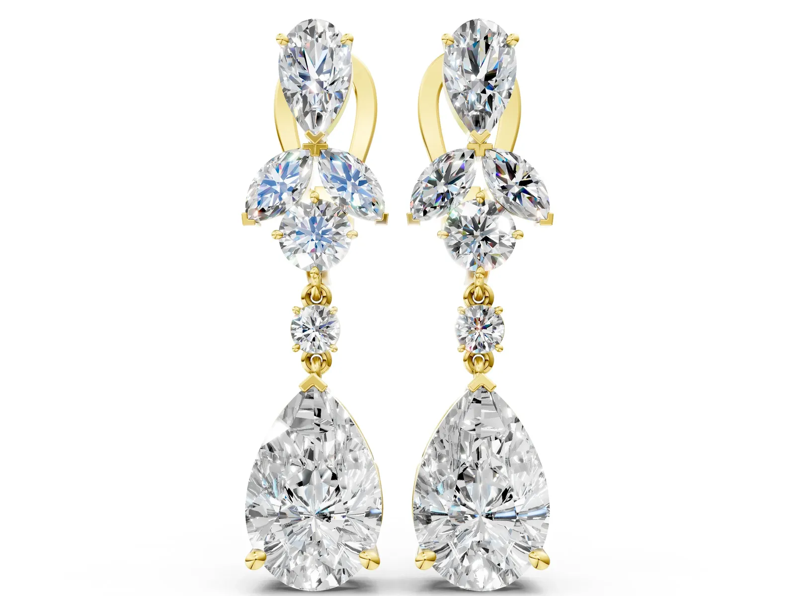 Pear, Marquise and Round Diamond Vancouver Drop Earrings Yellow gold