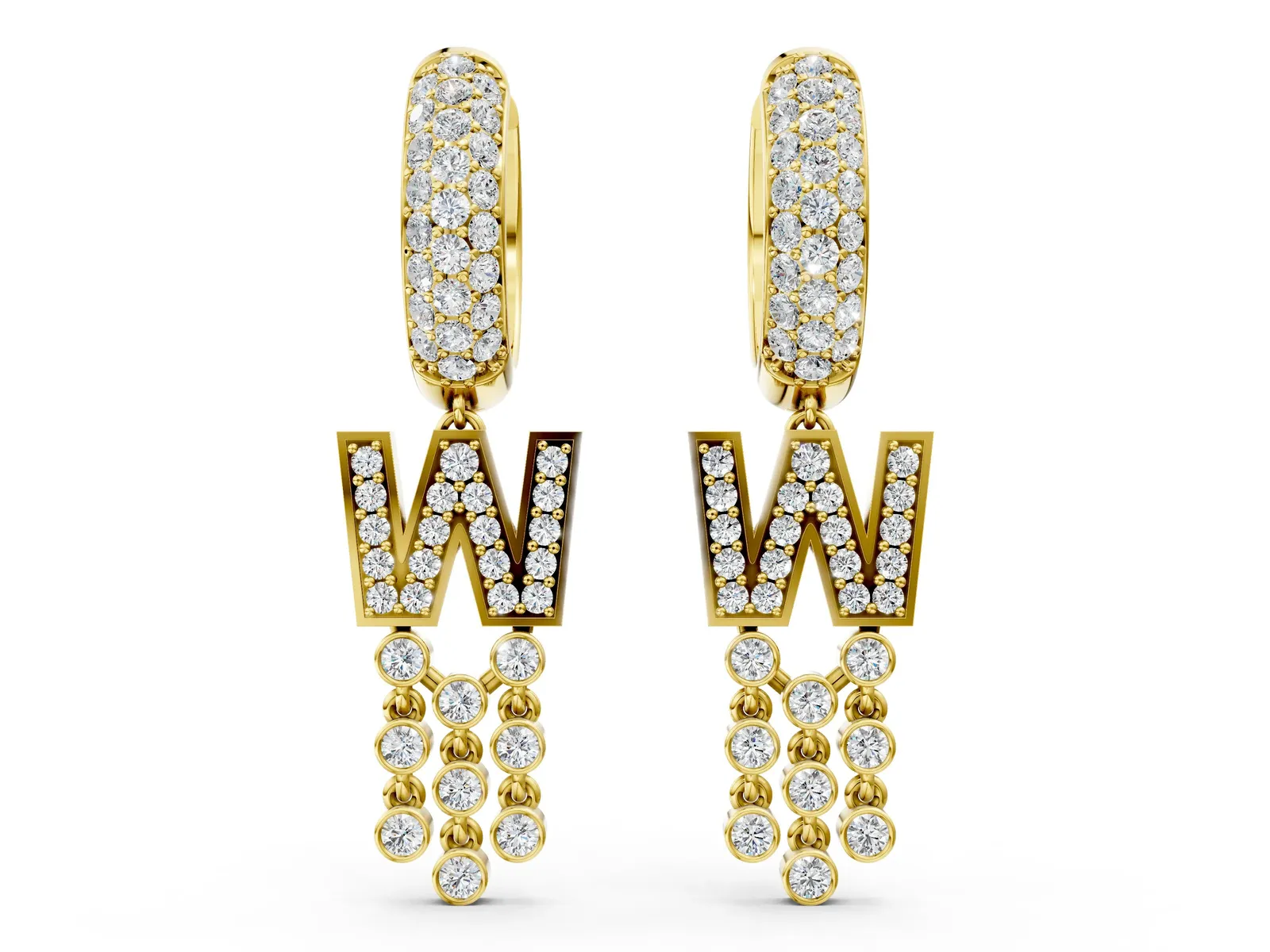 Round Diamond Initial W Huggie Hoop Earrings Yellow gold