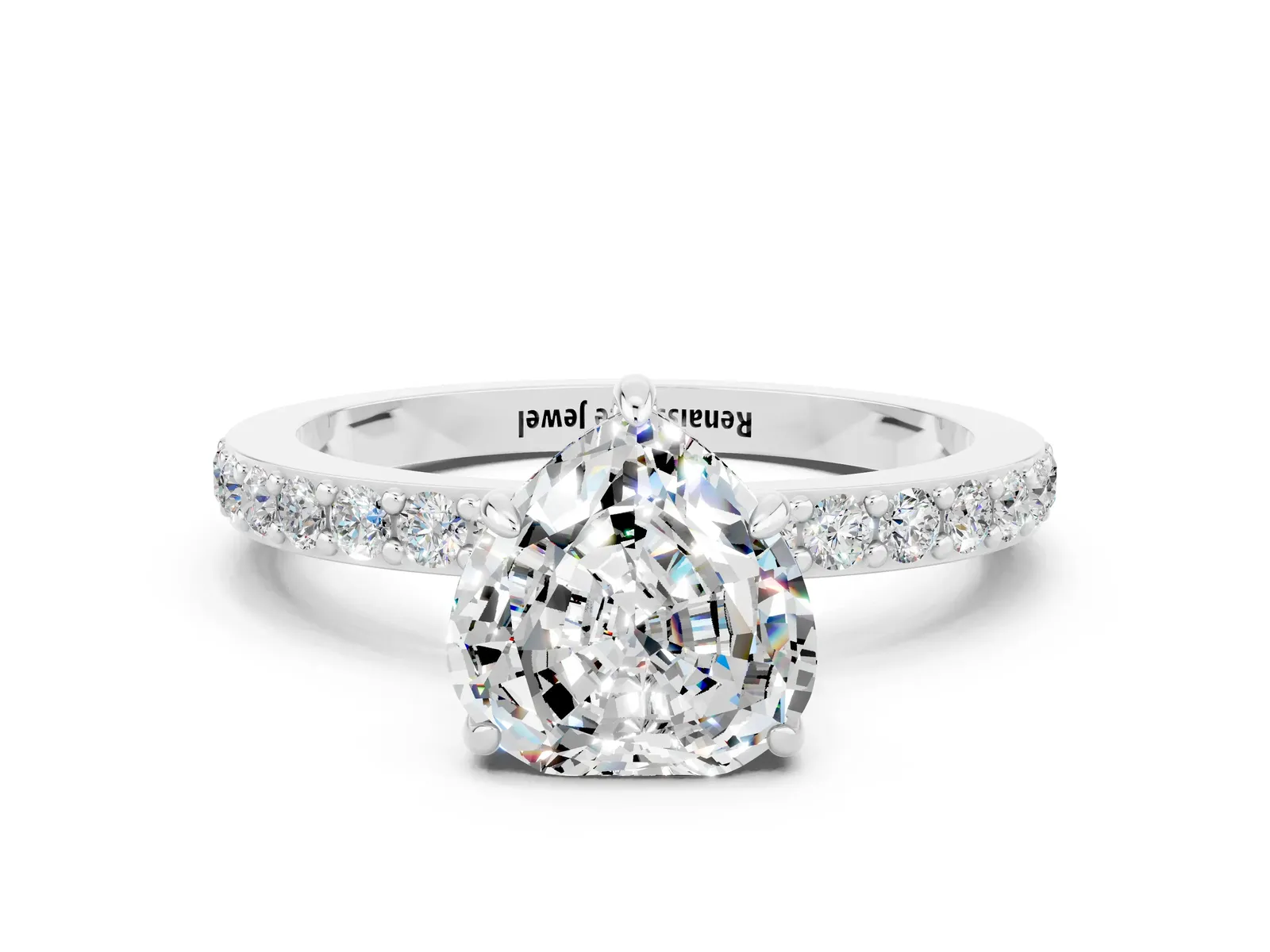 Heart Cut Moissanite Solitaire Engagement Ring with Pavé Band and Four-Prong Setting Platinum