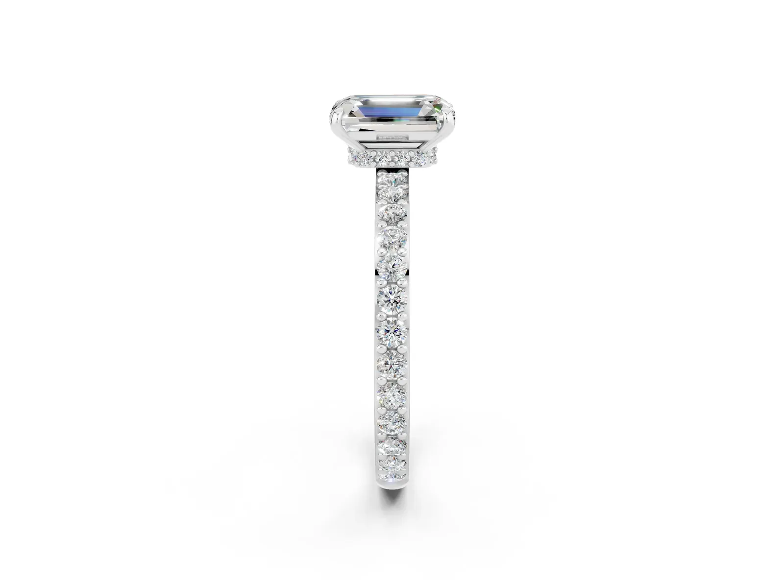 Emerald Cut Moissanite Solitaire Engagement Ring with Pavé Band and Four-Prong Setting Platinum
