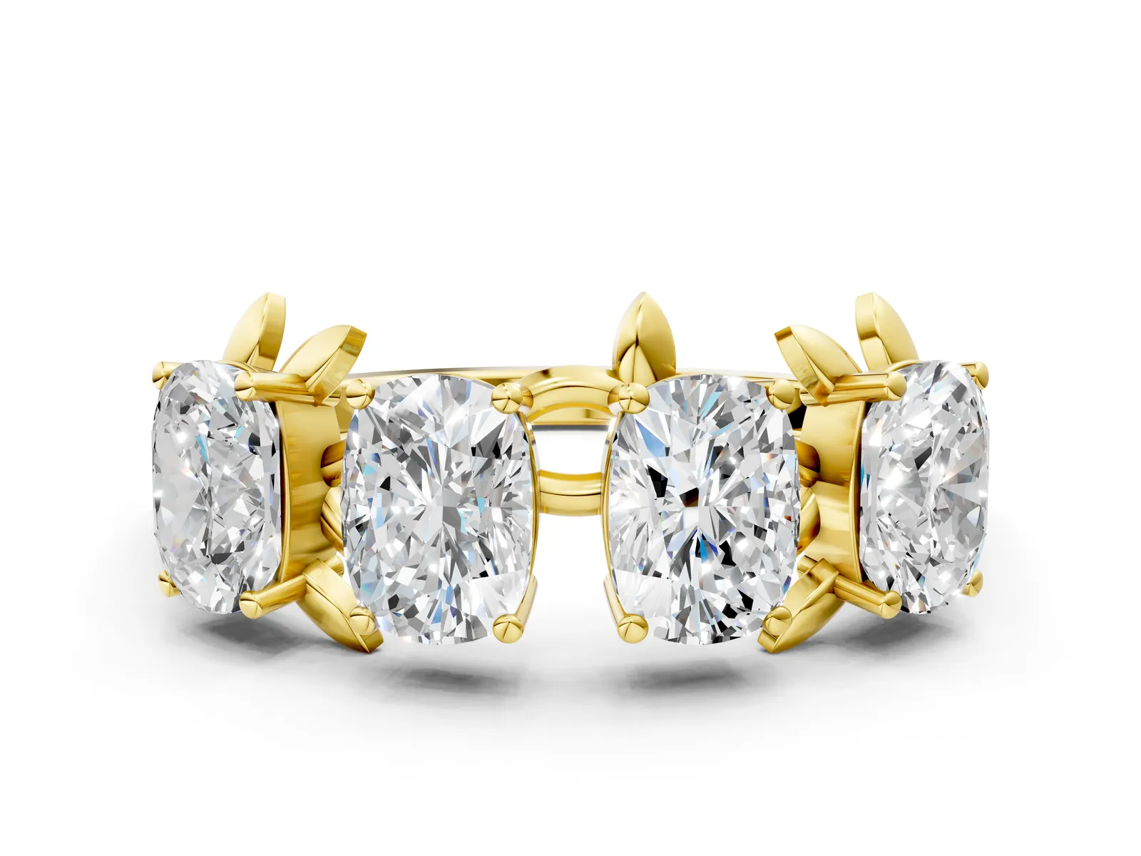Four-Stone Elongated Cushion Diamond Band with Nature-Inspired Prong Setting Yellow gold