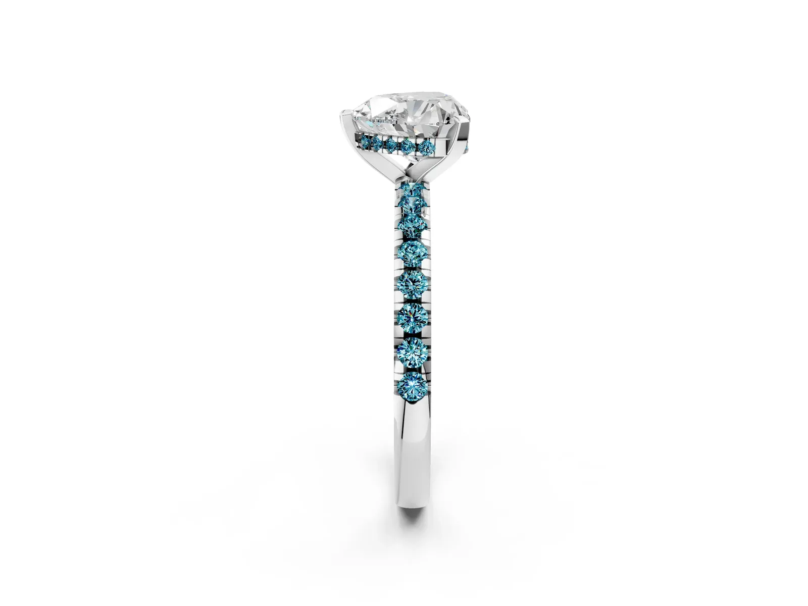 Heart Cut Diamond Solitaire Ring with Round Blue Topaz Pavé Band and Four-Prong Setting Platinum
