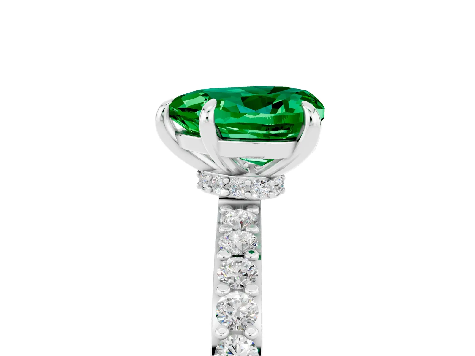 Heart Cut Emerald Solitaire Engagement Ring with Pavé Band and Four-Prong Setting Platinum