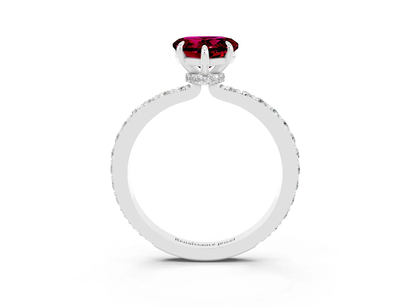 Heart Cut Garnet Solitaire Engagement Ring with Pavé Band and Four-Prong Setting Platinum