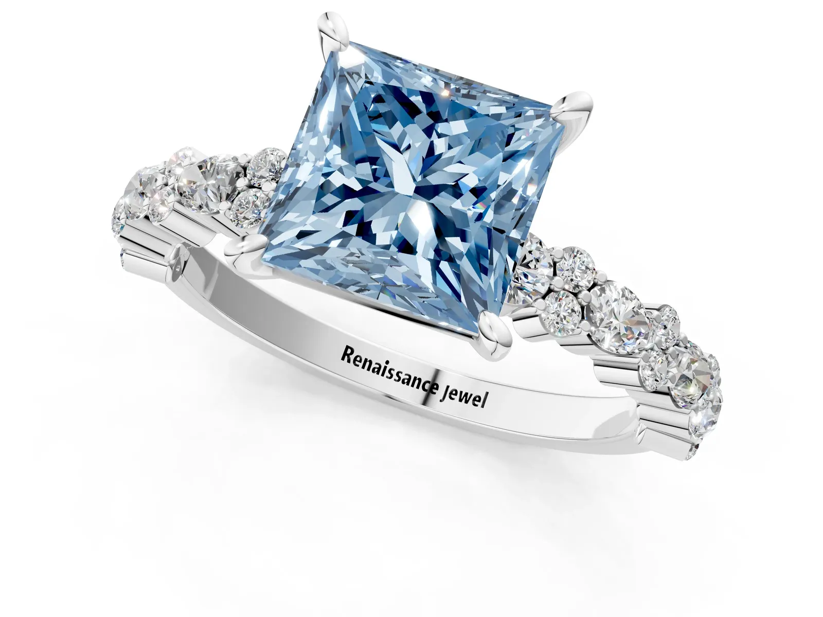 Fancy Blue Princess Cut Diamond Side Stone Solitaire Ring with Round and Four-Prong Setting Platinum