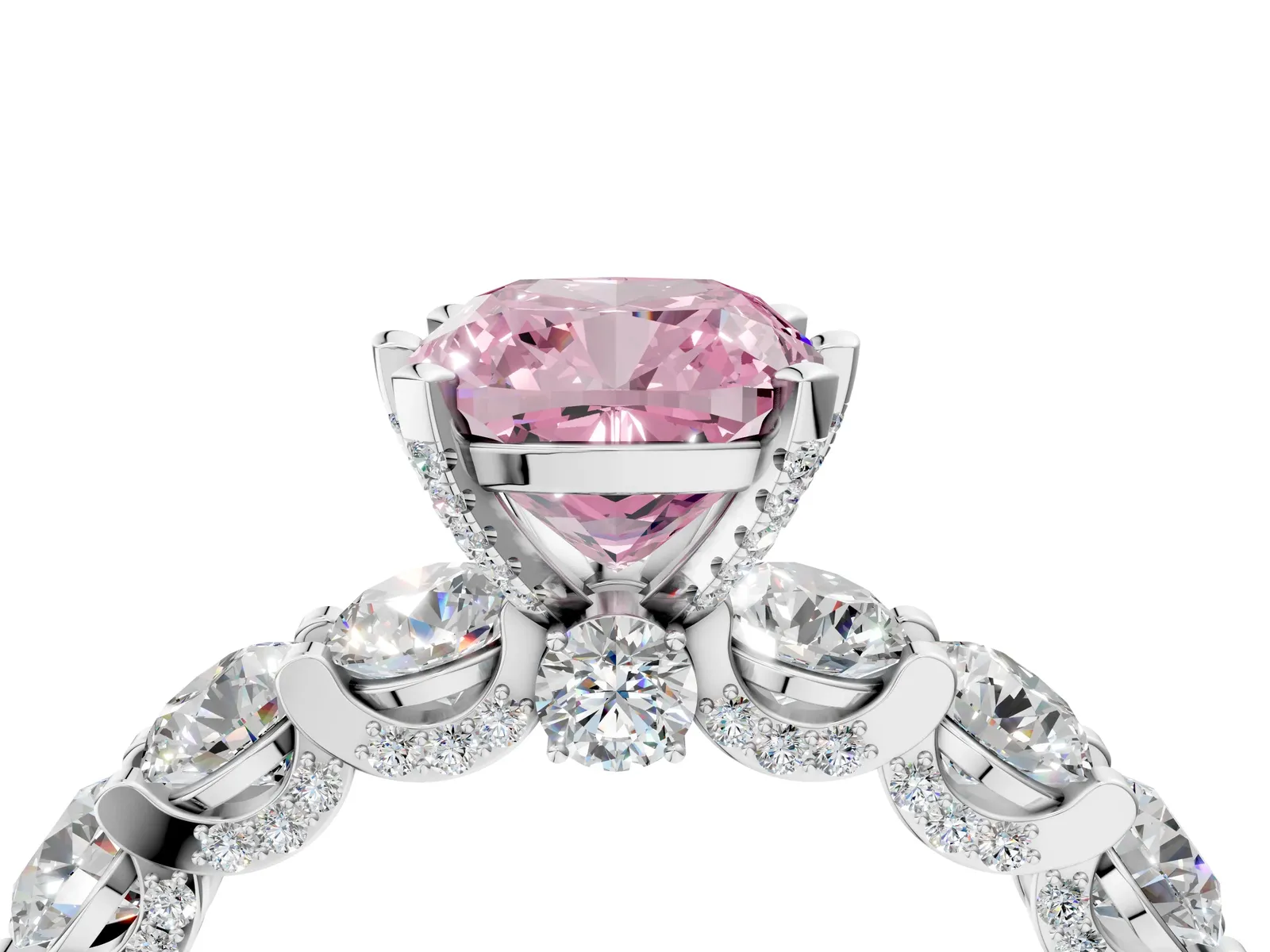 Fancy Pink Cushion Cut Diamond Side Stone Engagement Ring with Four-Prong Setting Platinum