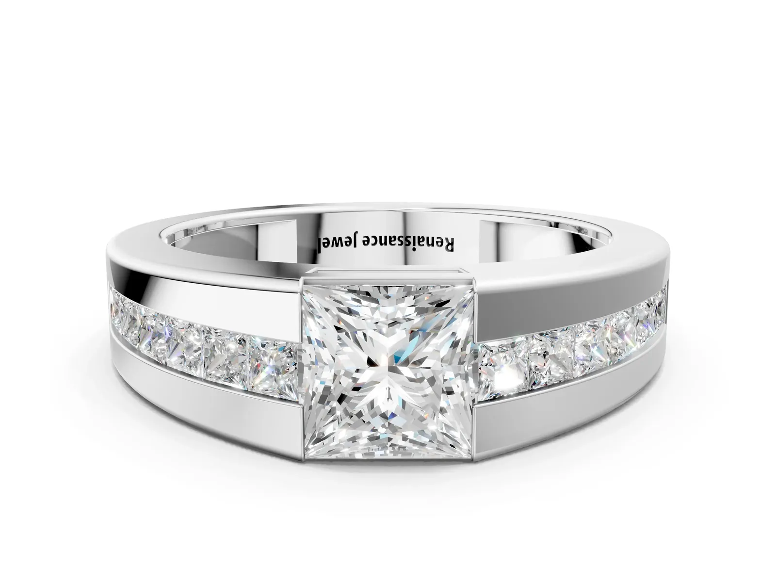 Princess Diamond Channel Set Mens Ring Platinum