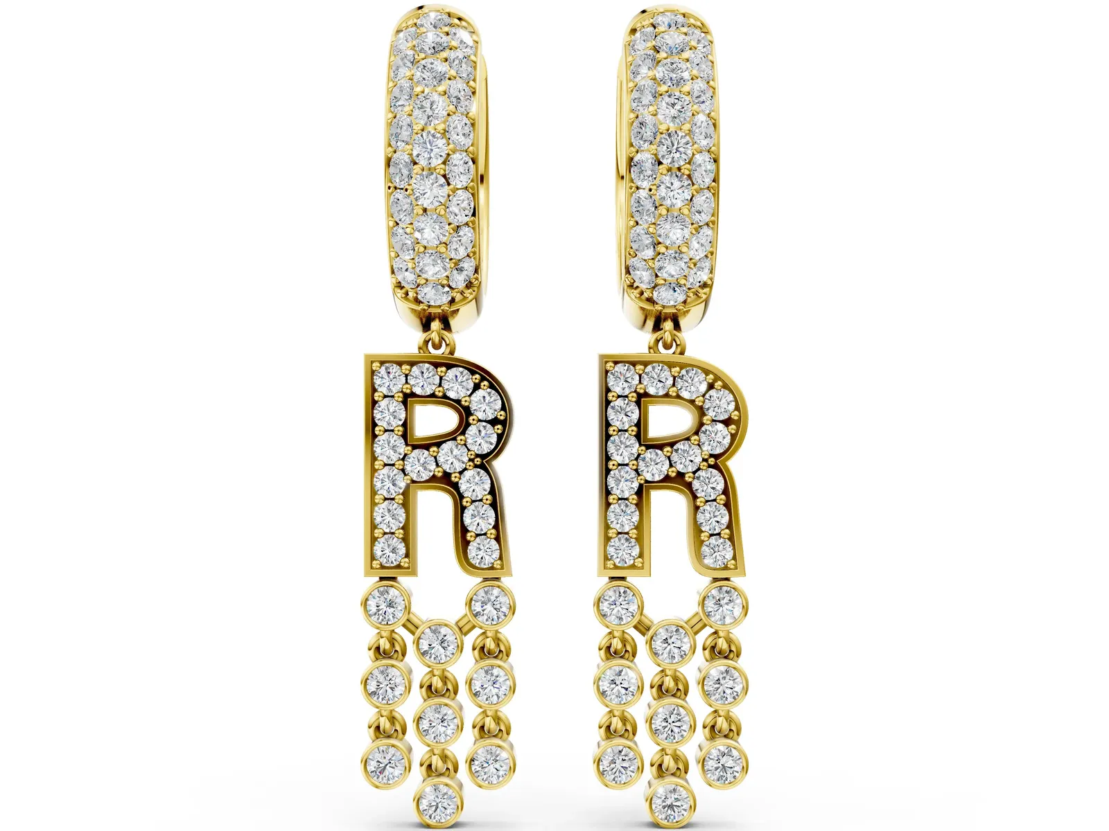Round Diamond Initial R Huggie Hoop Earrings Yellow gold