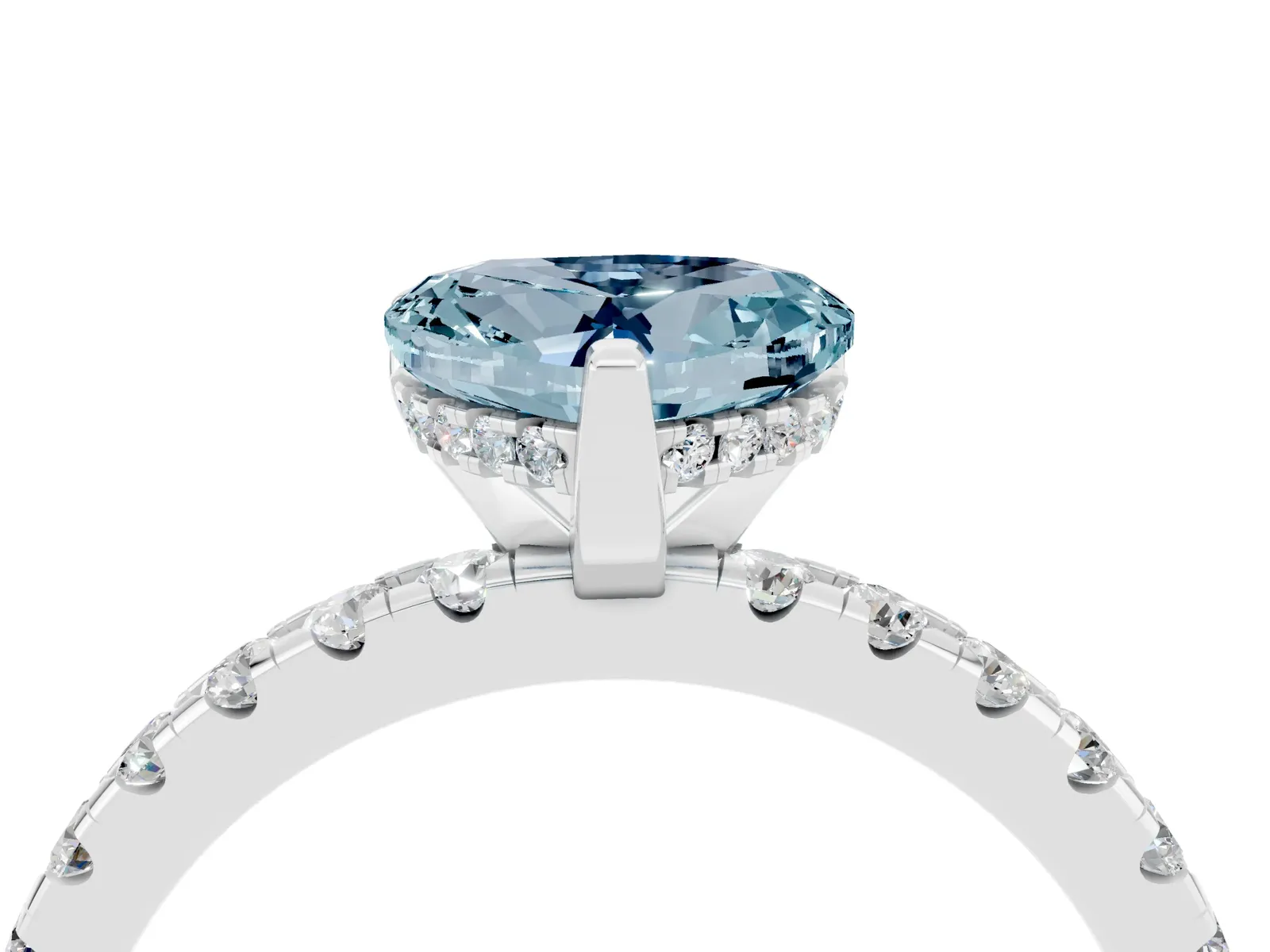 Heart Cut Aquamarine Solitaire Ring with Round Pavé Band and Four-Prong Setting Platinum