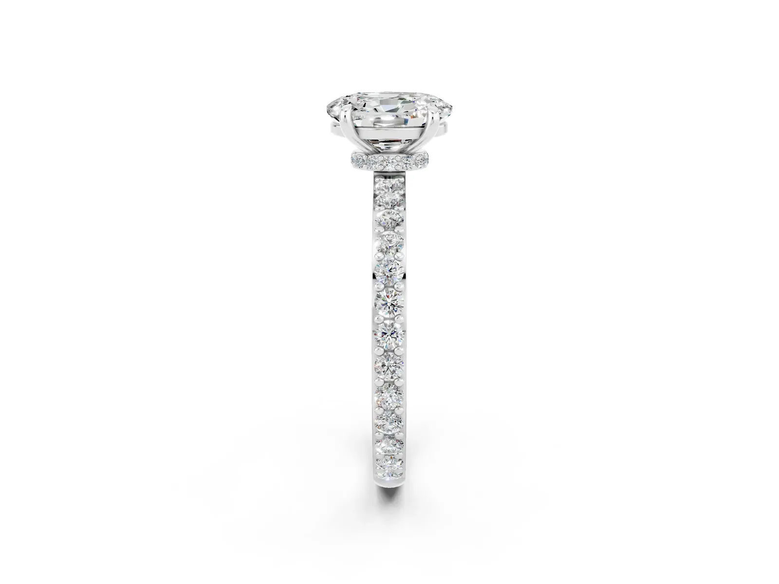 Oval Cut Moissanite Solitaire Engagement Ring with Pavé Band and Four-Prong Setting Platinum