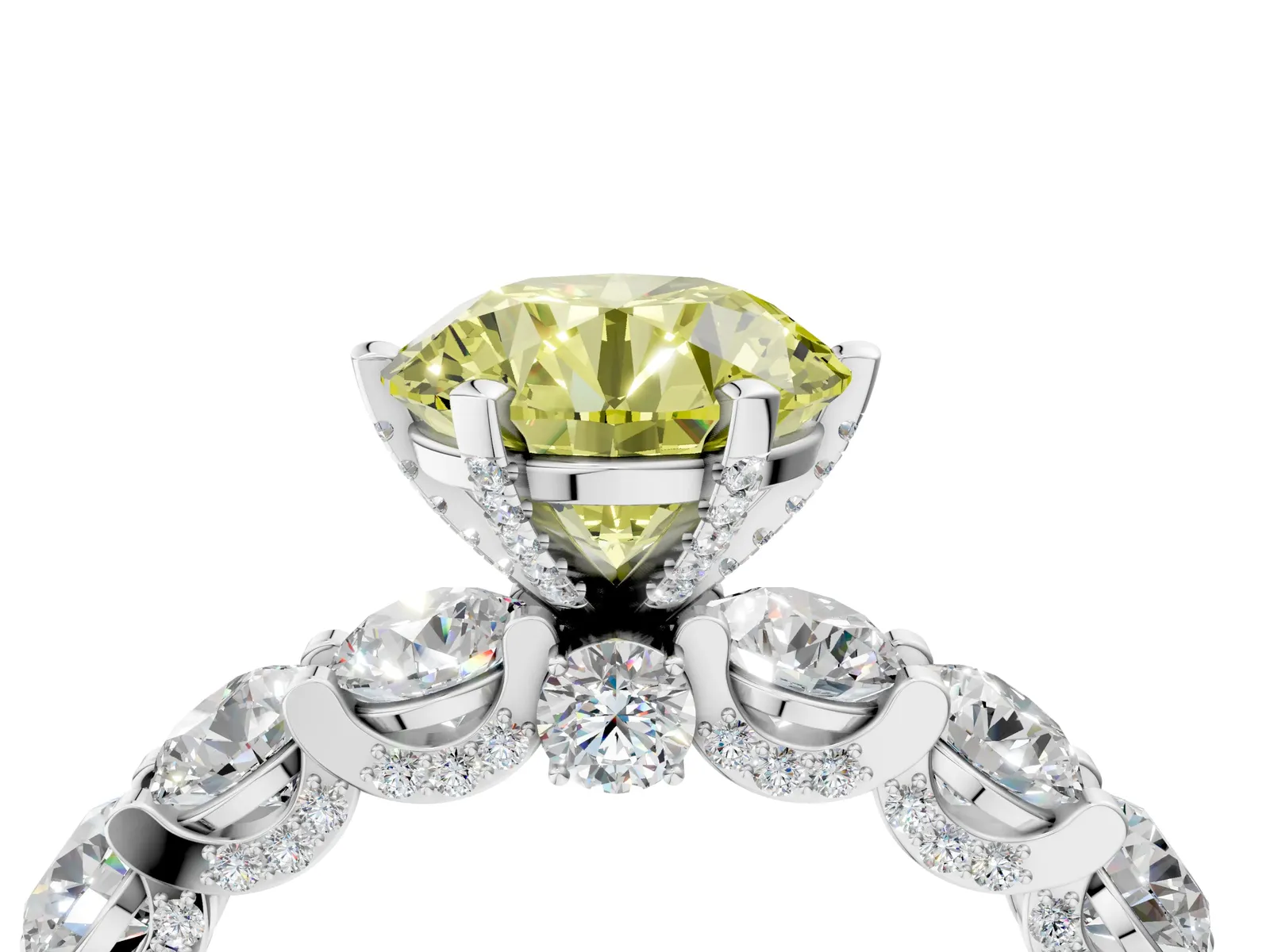 Fancy Yellow Round Cut Diamond Side Stone Engagement Ring with Four-Prong Setting Platinum