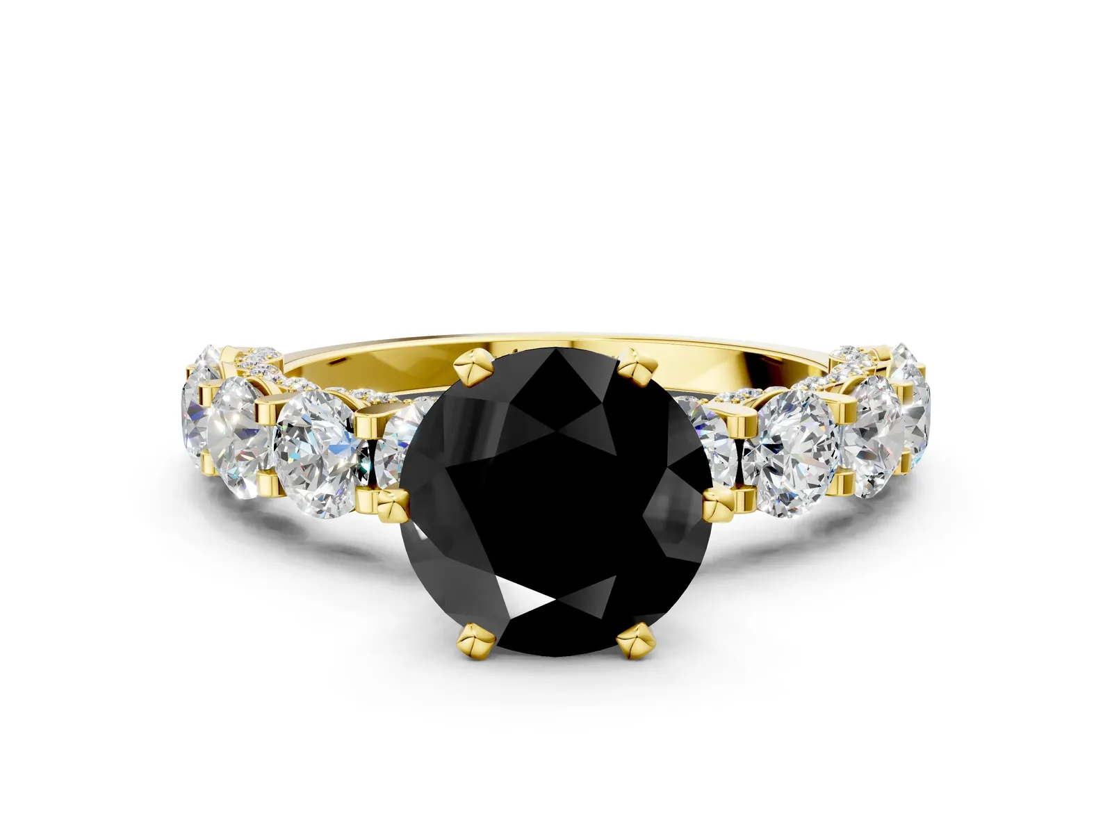 Fancy Black Round Cut Diamond Side Stone Engagement Ring with Four-Prong Setting Yellow gold